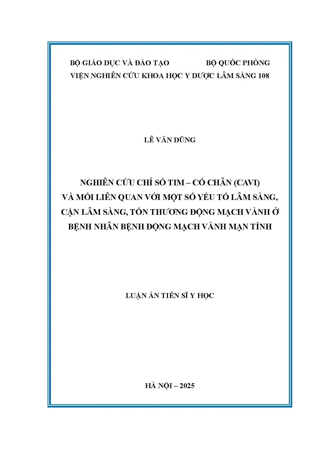 Nghiên cứu chỉ số tim cổ chân cavi và mối liên quan với một số yếu tố lâm sàng cận lâm sàng tổn thương động mạch vành ở bệnh nhân bệnh động mạch vành mạn tính