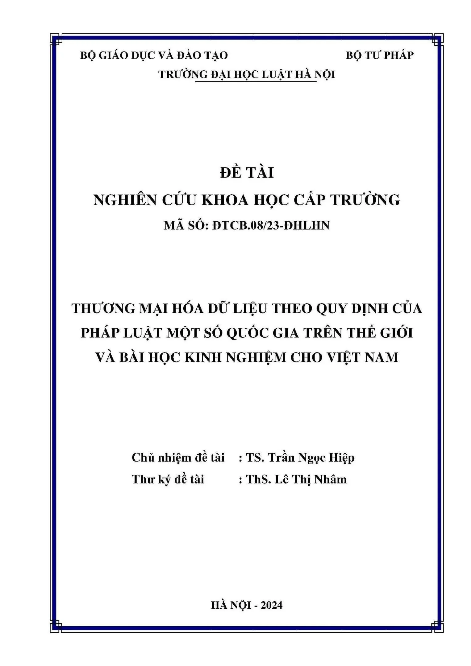 De tai nghien cuu khoa hoc cap truong thuong mai hoa du lieu theo quy dinh cua phap luat mot so quoc gia tren the gioi va bai hoc kinh nghiem cho viet nam