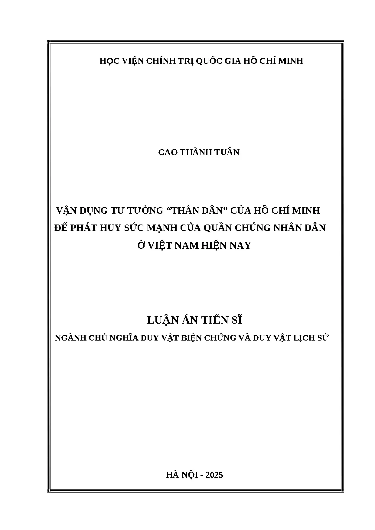 Luận án tiến sĩ vận dụng tư tưởng thân dân của hồ chí minh để phát huy sức mạnh của quần chúng nhân dân ở việt nam hiện nay