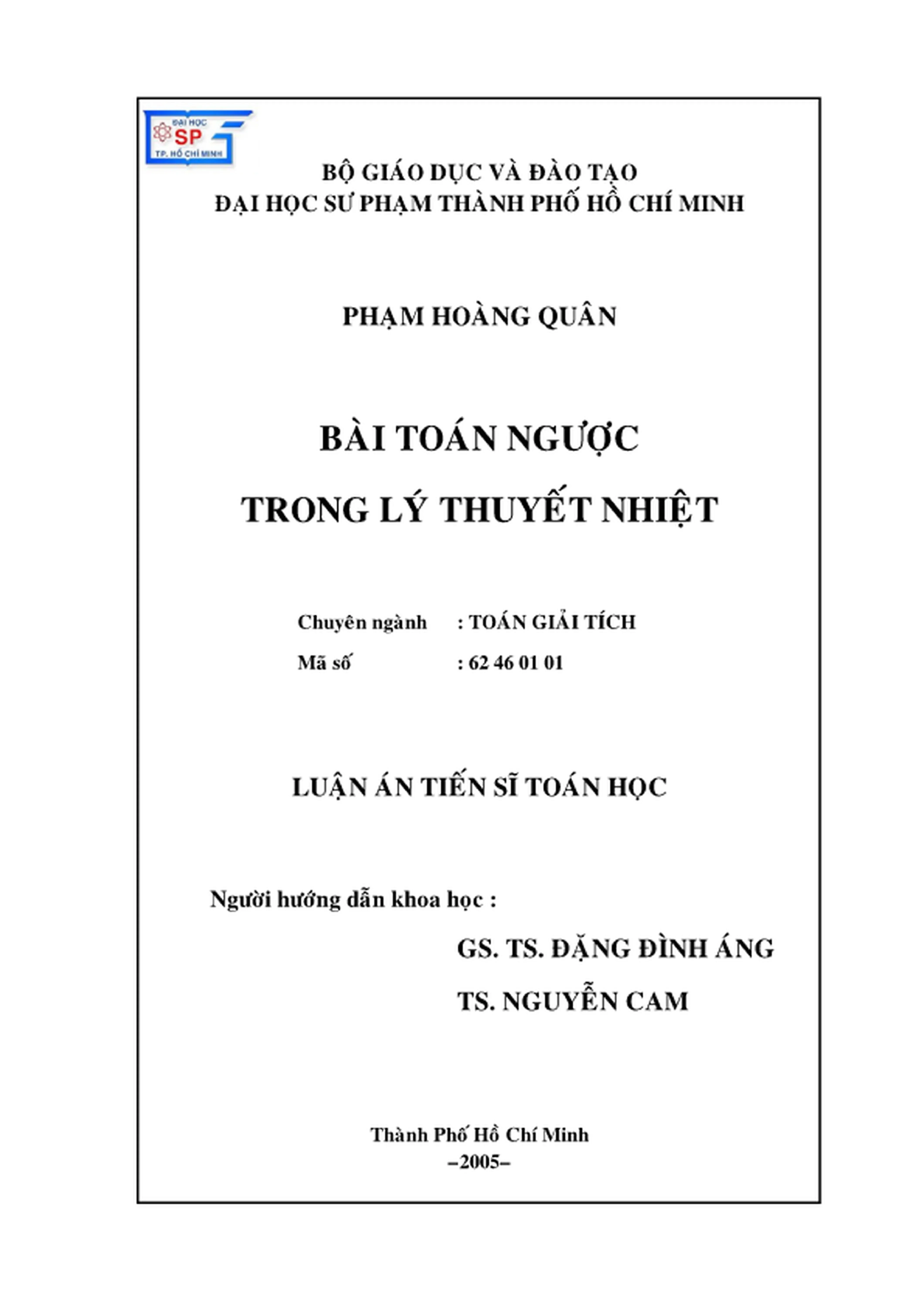 Luan an tien si toan hoc bai toan nguoc trong ly thuyet nhiet