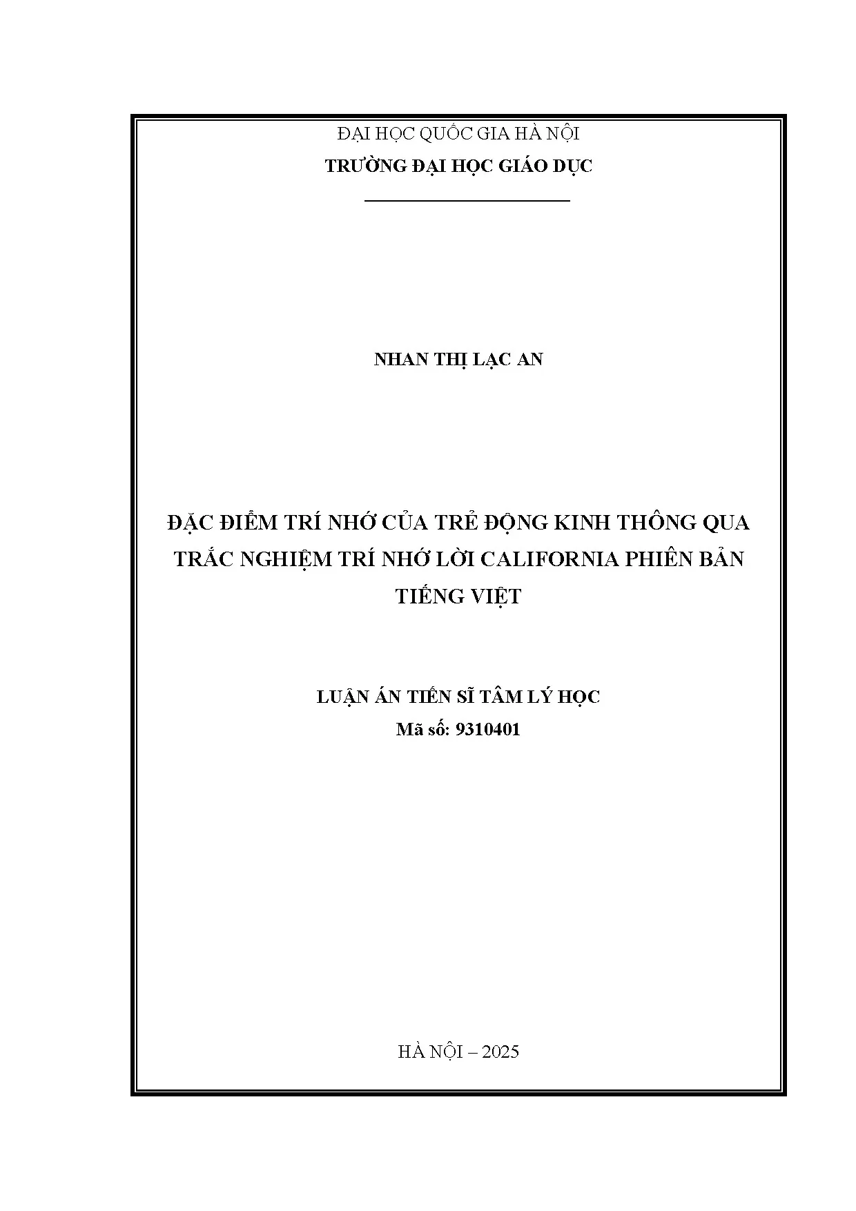 Đặc điểm trí nhớ của trẻ động kinh thông qua trắc nghiệm trí nhớ lời california phiên bản tiếng việt luận án tiến sĩ tâm lý học