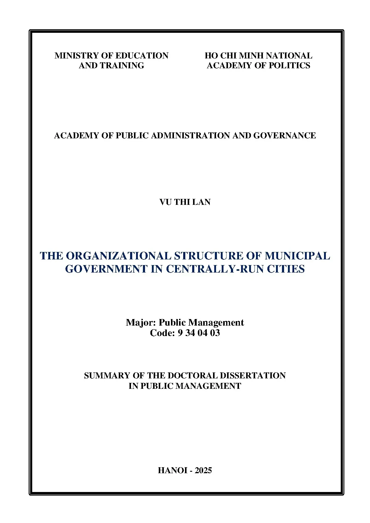 Tóm tắt luận án tiếng anh tổ chức bộ máy chính quyền thành phố thuộc thành phố trực thuộc trung ương