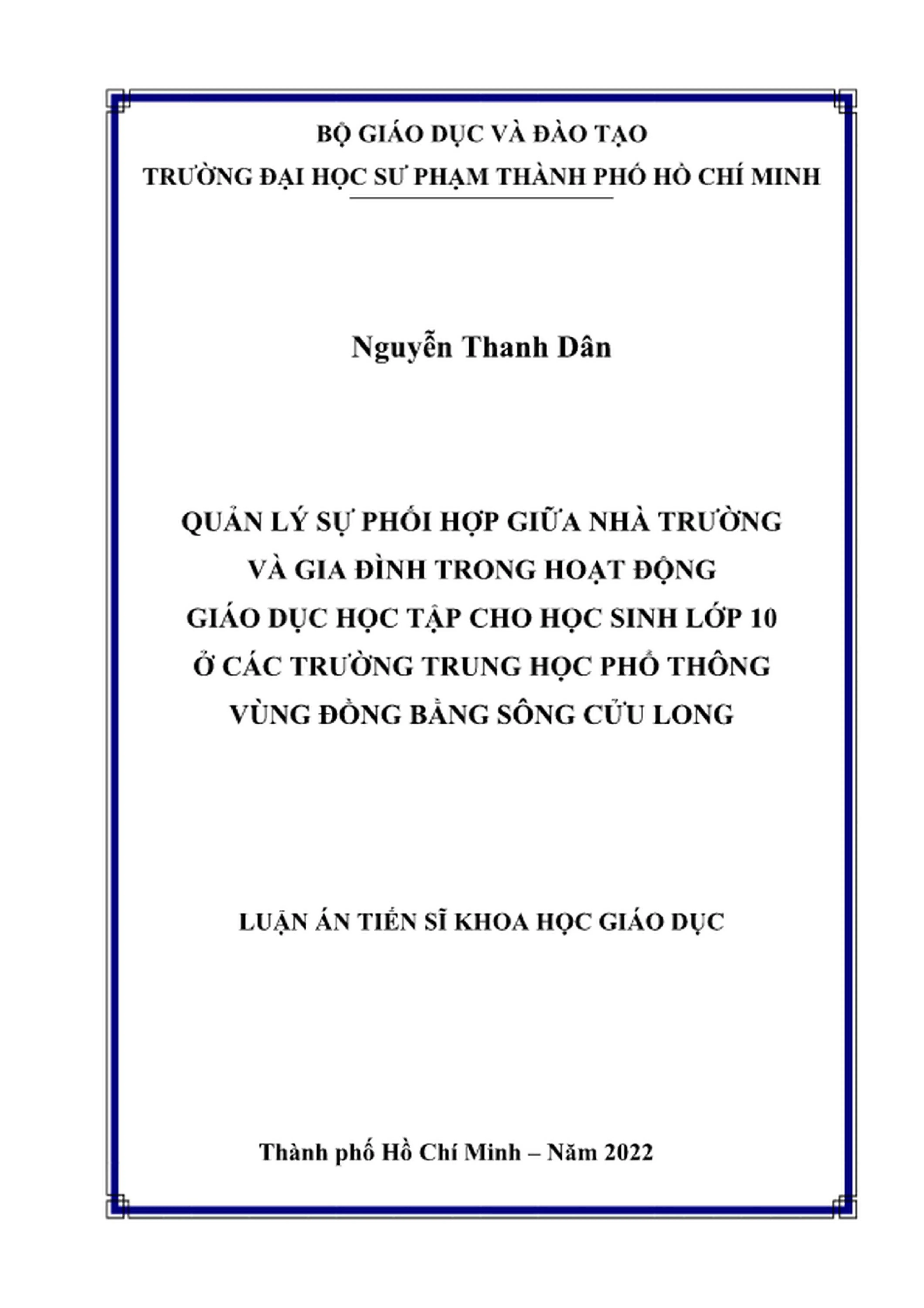 Luận án tiến sĩ quản lý giáo dục quản lý sự phối hợp giữa nhà trường và gia đình trong hoạt động giáo dục học tập cho học sinh lớp 10 ở các trường trung học phổ thông vùng đồng bằng sông cửu long