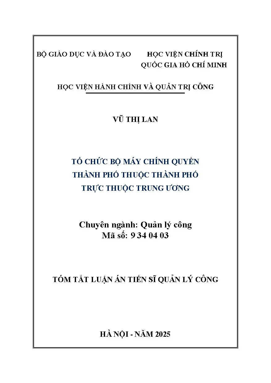 Tóm tắt luận án tổ chức bộ máy chính quyền thành phố thuộc thành phố trực thuộc trung ương