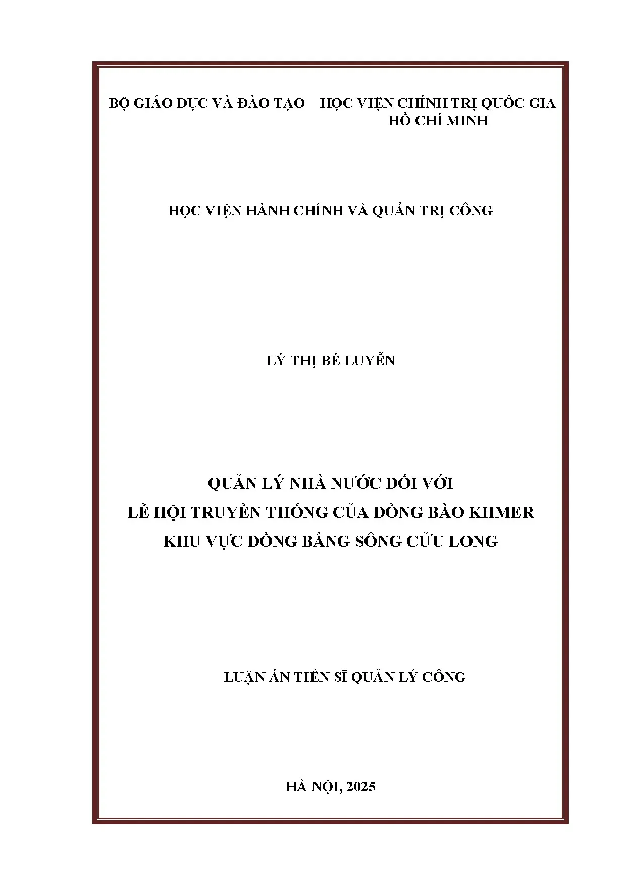 Quản lý nhà nước đối với lễ hội truyền thống của đồng bào khmer khu vực đồng bằng sông cửu long luận án tiến sĩ quản lý công