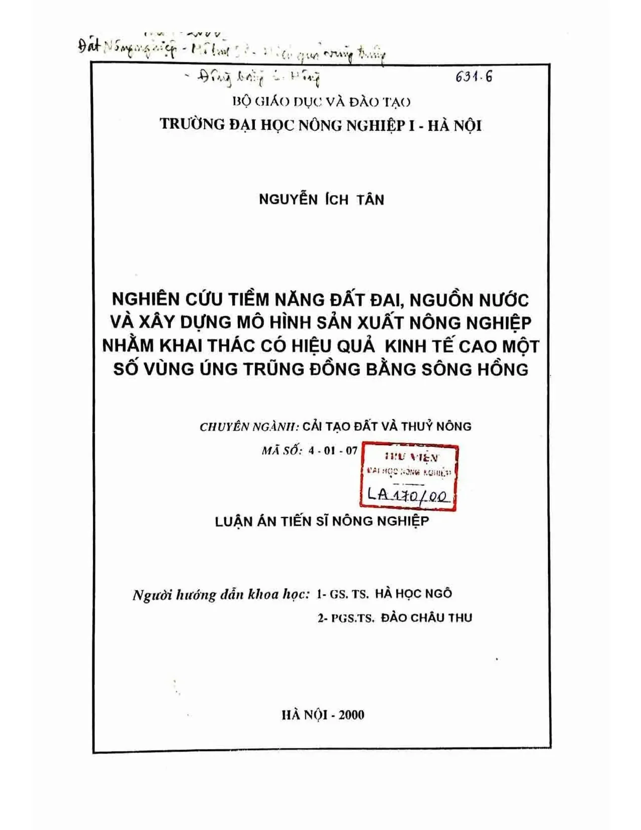 Nghiên cứu tìm năng đất đai, nguồn nước và mô hình sản xuất nông nghiệp nhằm khai thác hiệu quả kinh tế cao một số vùng úng trũng Đồng bằng Sông Hồng