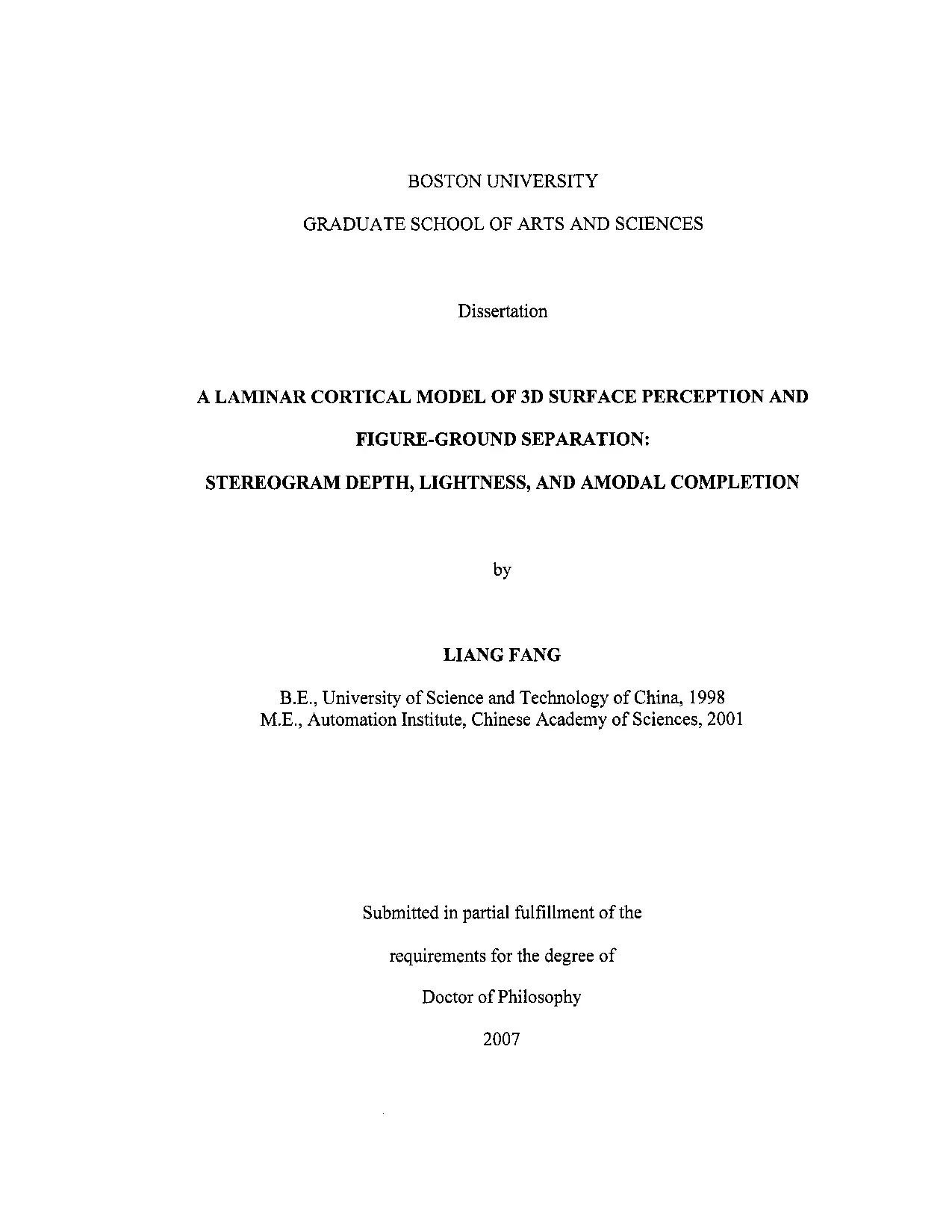 Luận án tiến sĩ: A laminar cortical model of three-dimensional surface perception and figure-ground separation: Stereogram depth, lightness, and amodal completion