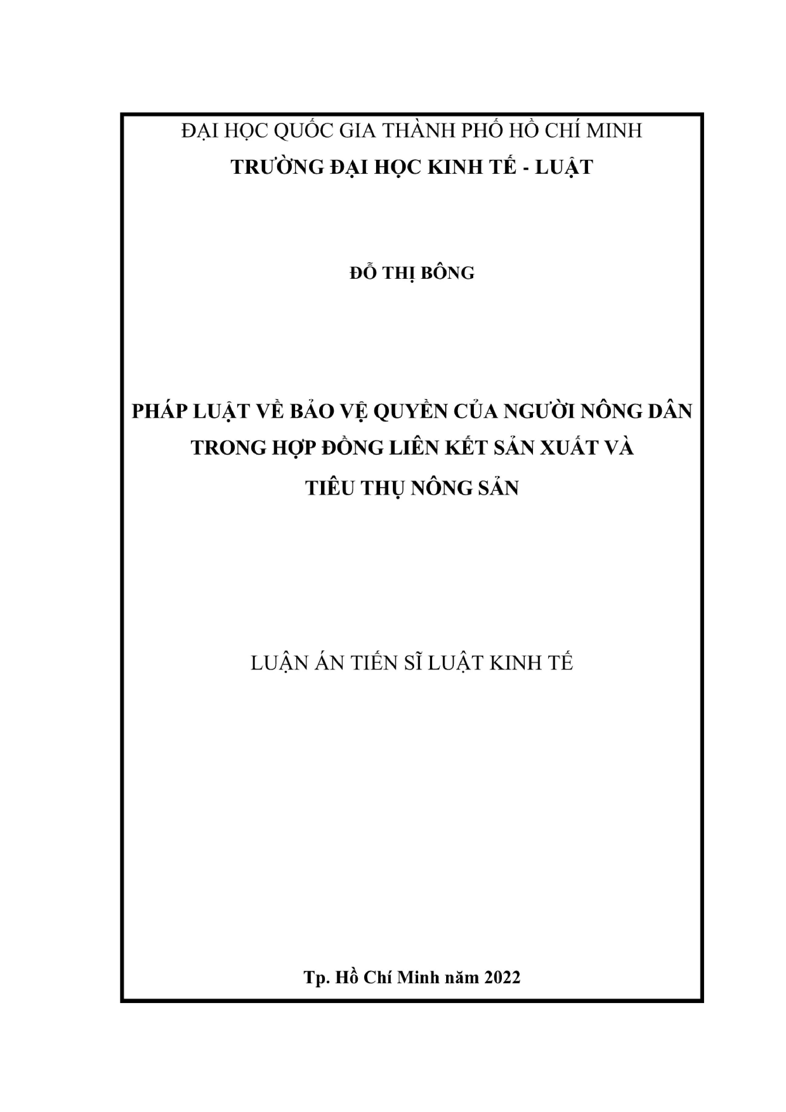 Luận án tiến sĩ Luật kinh tế: Pháp luật về bảo vệ quyền của người nông dân trong hợp đồng liên kết sản xuất và tiêu thụ nông sản