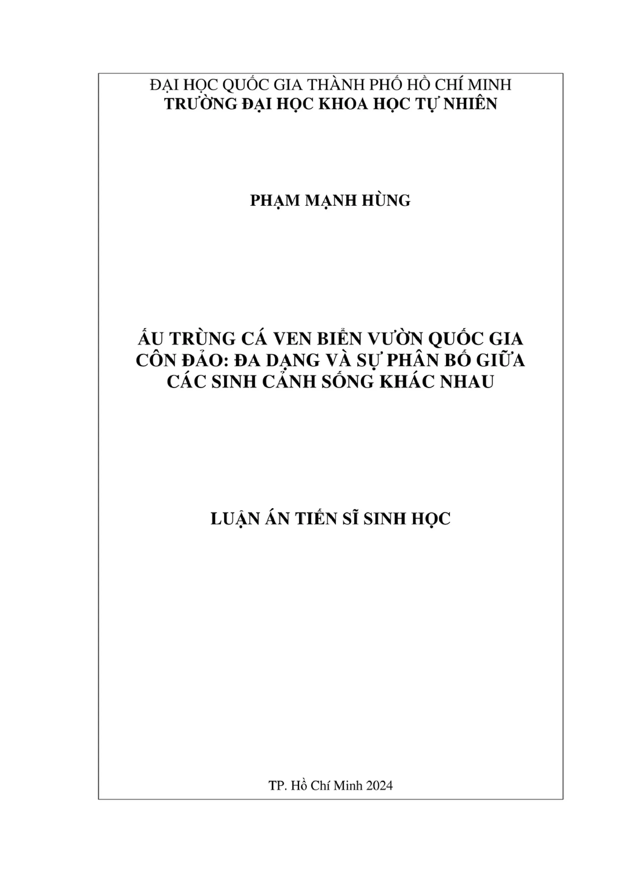 Ấu trùng cá ven biển Vườn Quốc Gia Côn Đảo: đa dạng và phân bố