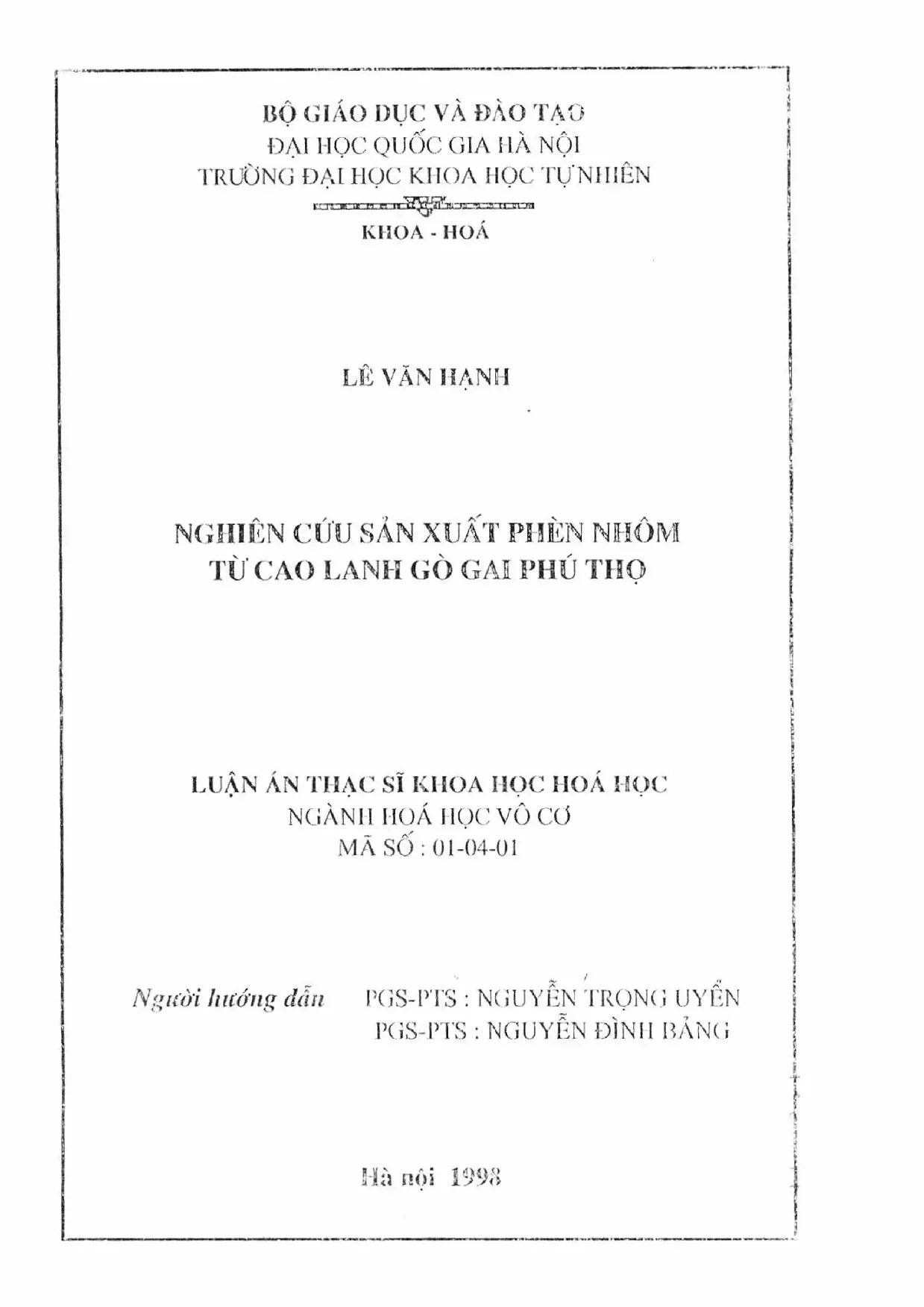 Nghiên cứu sản xuất phèn nhôm từ cao lanh Phú Thọ
