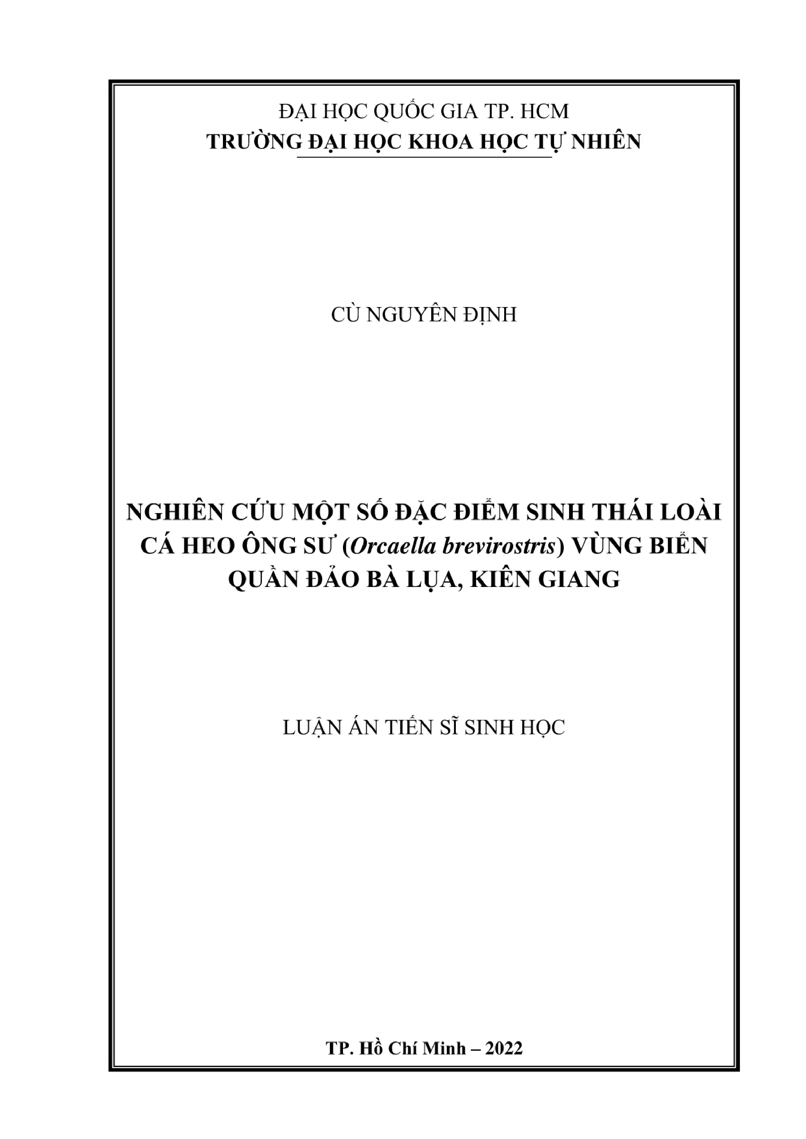 Luận án tiến sĩ Sinh học: Nghiên cứu một số đặc điểm sinh thái loài cá heo Ông Sư (Orcaella brevirostris) vùng biển quần đảo Bà Lụa, Kiên Giang