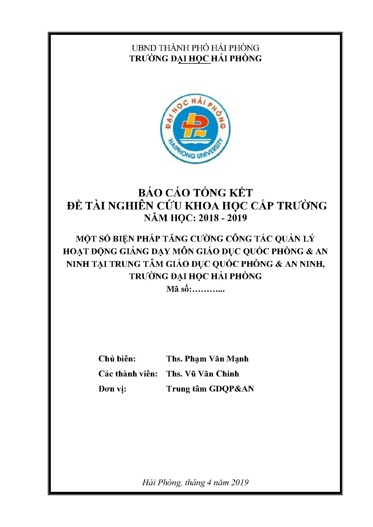 Quản lý giảng dạy môn Giáo dục Quốc phòng An ninh - ĐH Hải Phòng