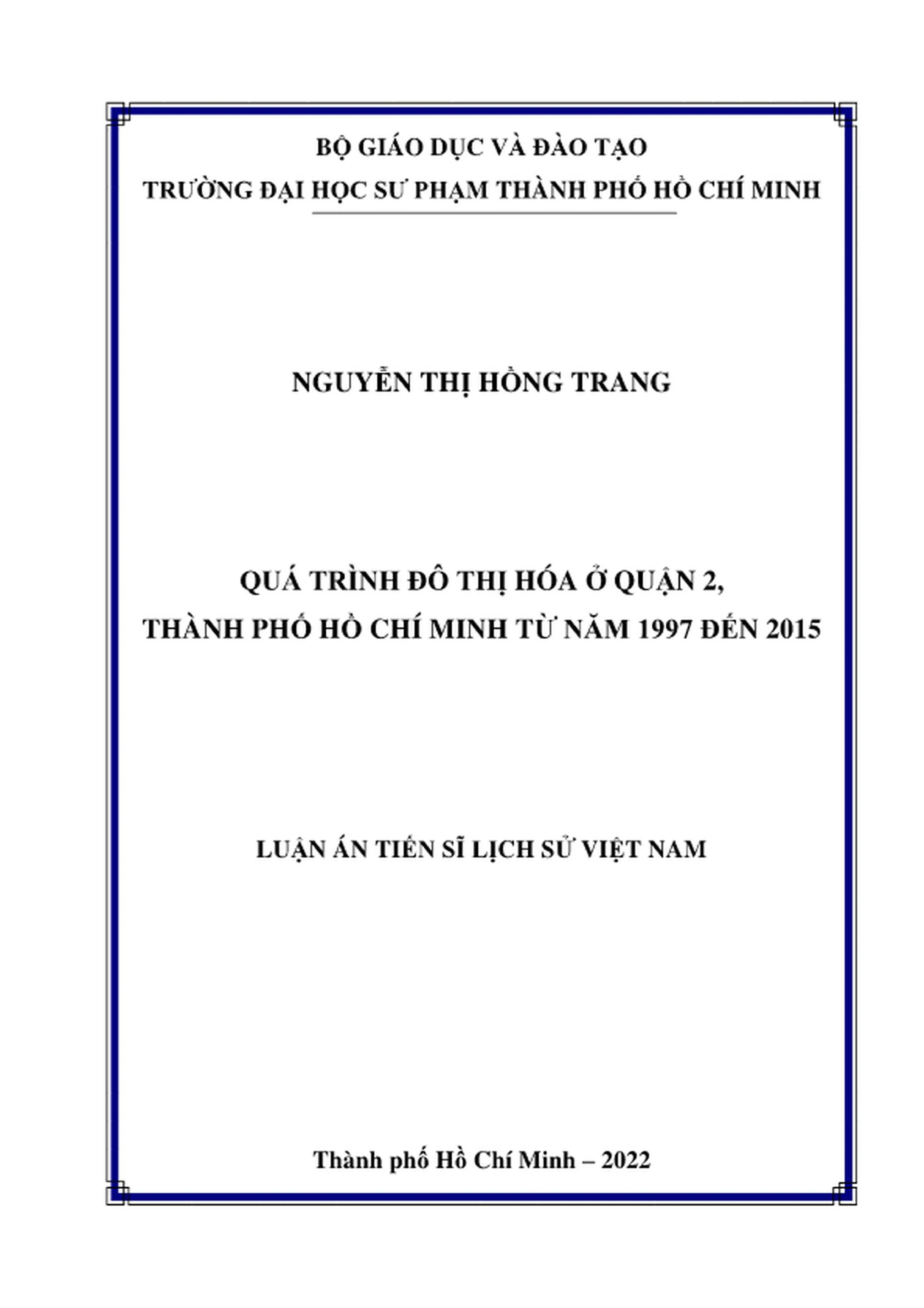 Đô thị hóa Quận 2 TP.HCM 1997-2015: Luận án tiến sĩ lịch sử