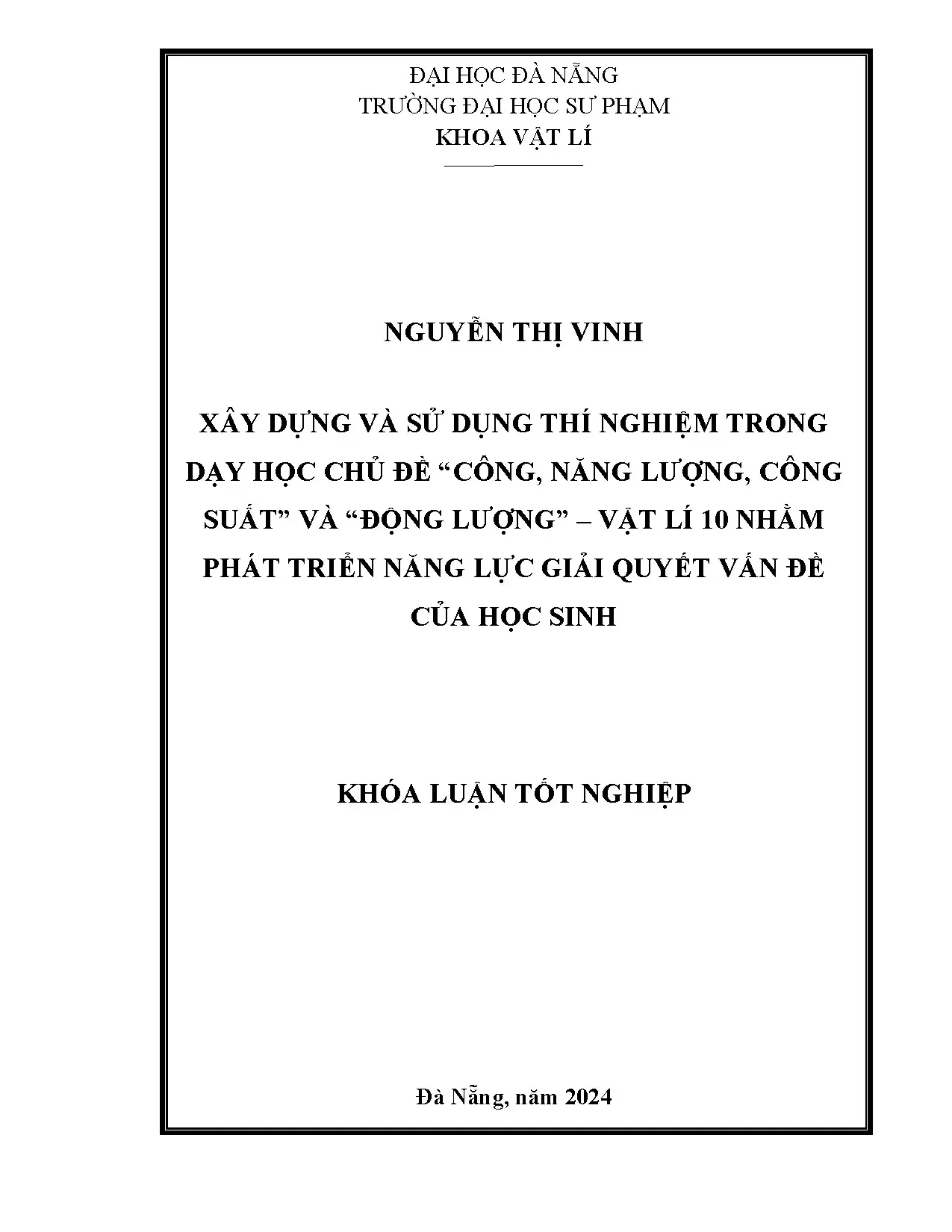 Thí nghiệm dạy học Vật lí 10: Phát triển năng lực giải quyết vấn đề