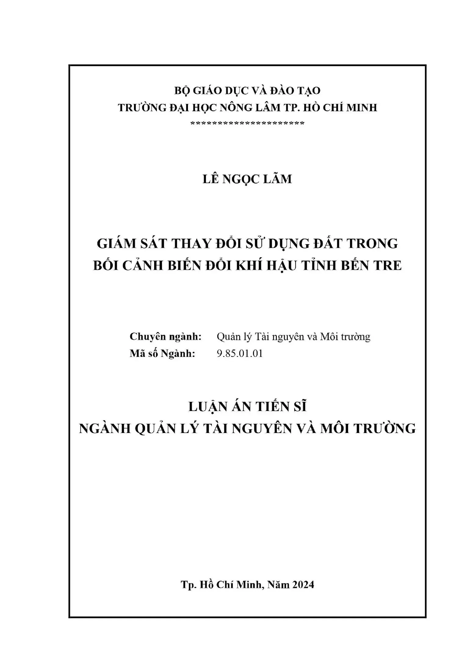Giám sát thay đổi sử dụng đất biến đổi khí hậu Bến Tre