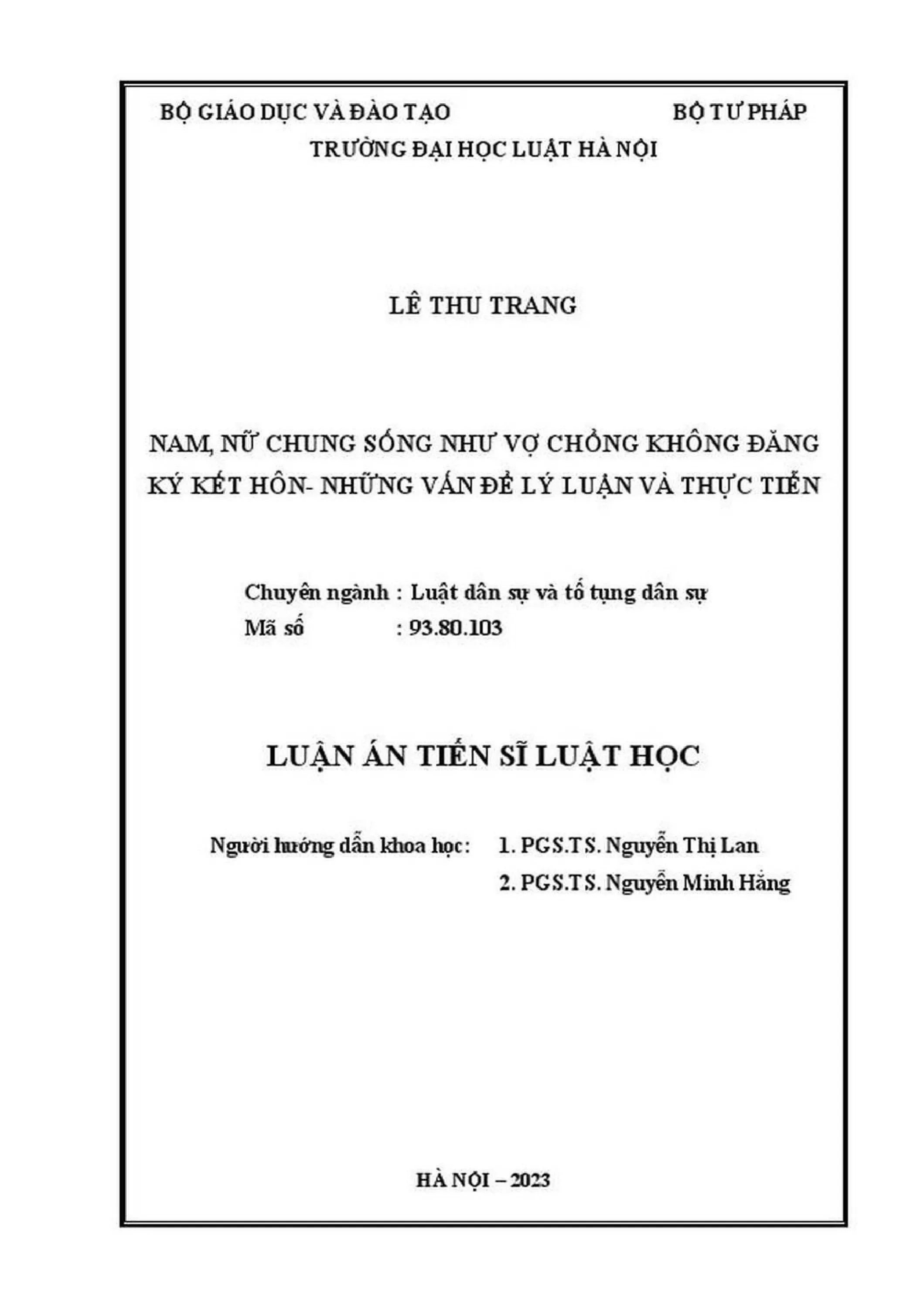 Luận án tiến sĩ Luật học: Nam, nữ chung sống như vợ chồng không đăng ký kết hôn - Những vấn đề lý luận và thực tiễn