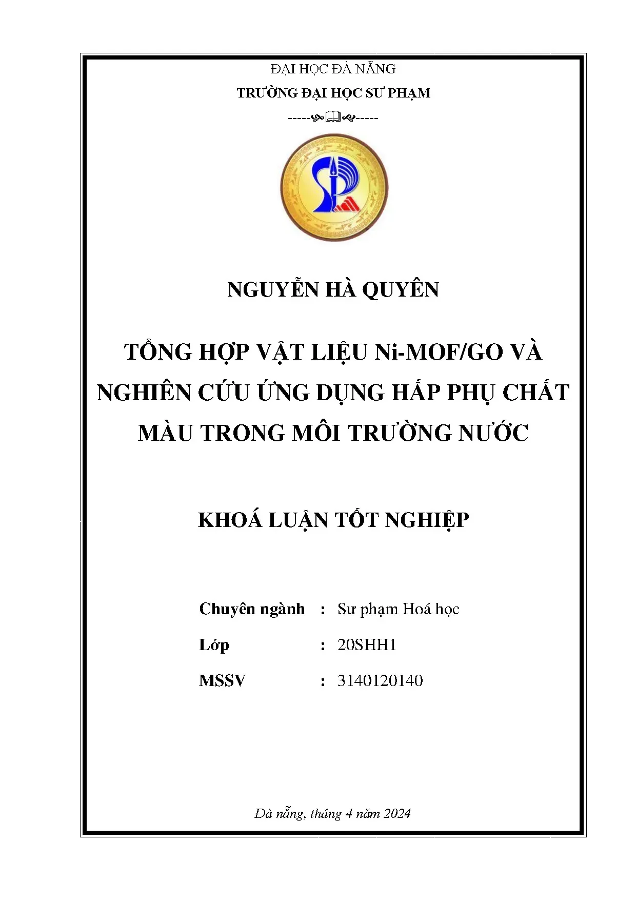 Tổng hợp Ni-MOF/GO và ứng dụng hấp phụ chất màu nước