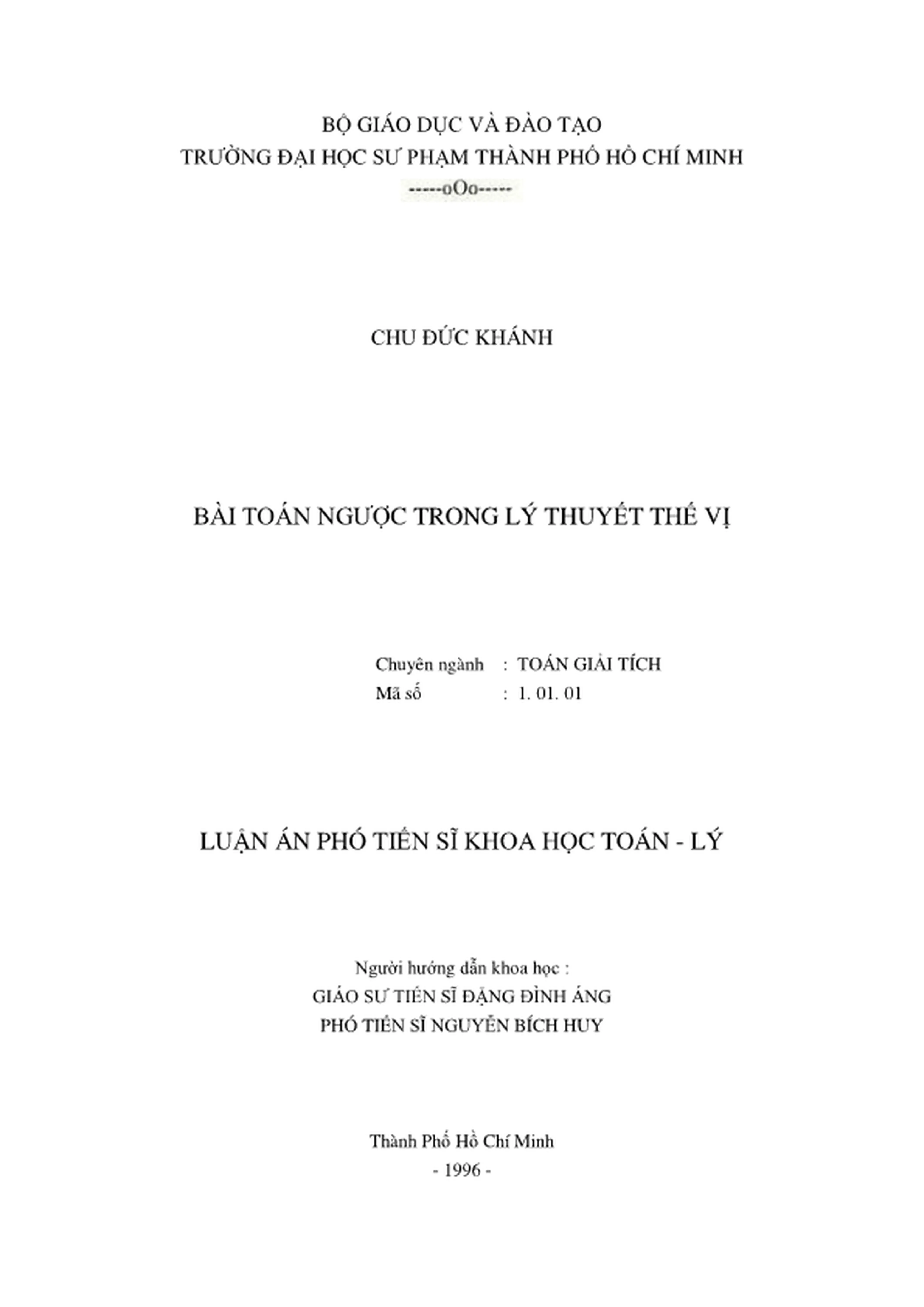 Bài toán ngược trong lý thuyết thế vị - Toán giải tích