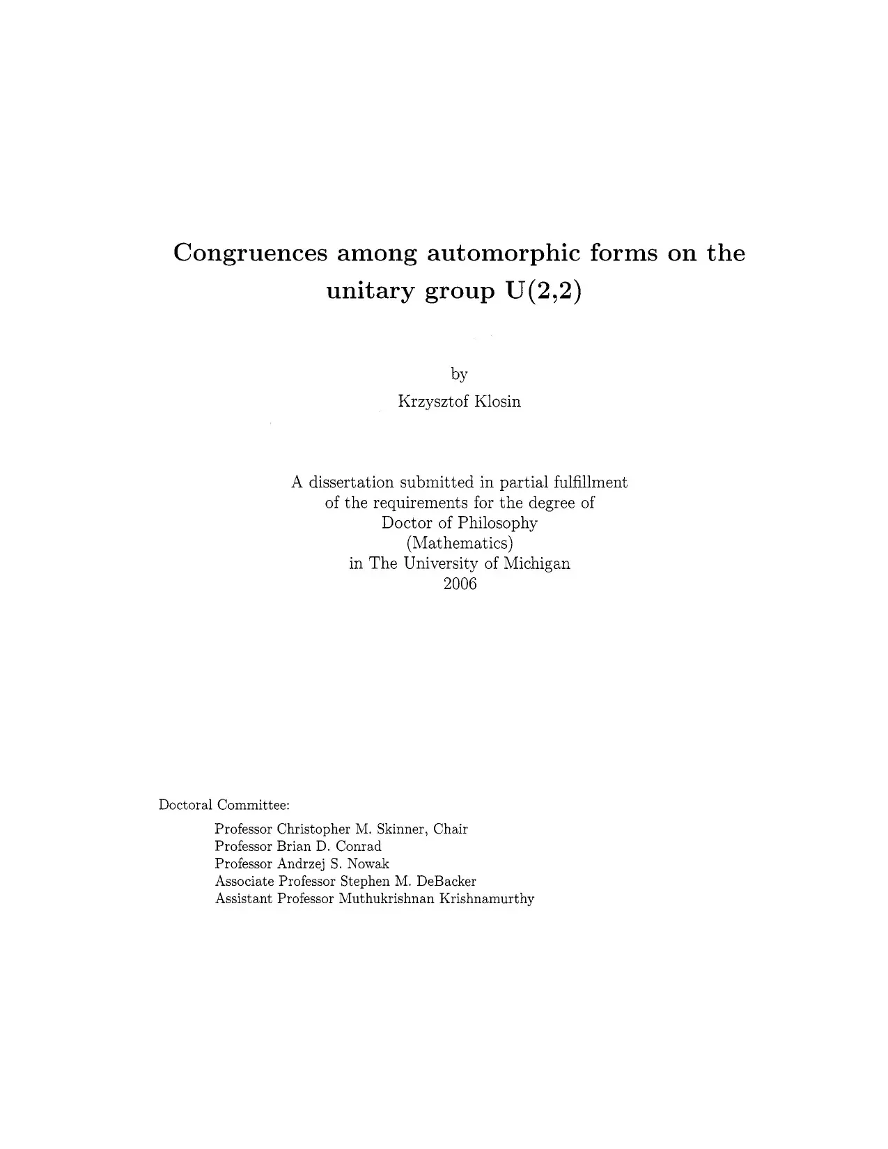 Congruences Automorphic Forms Unitary Group U(2,2) - Luận án tiến sĩ