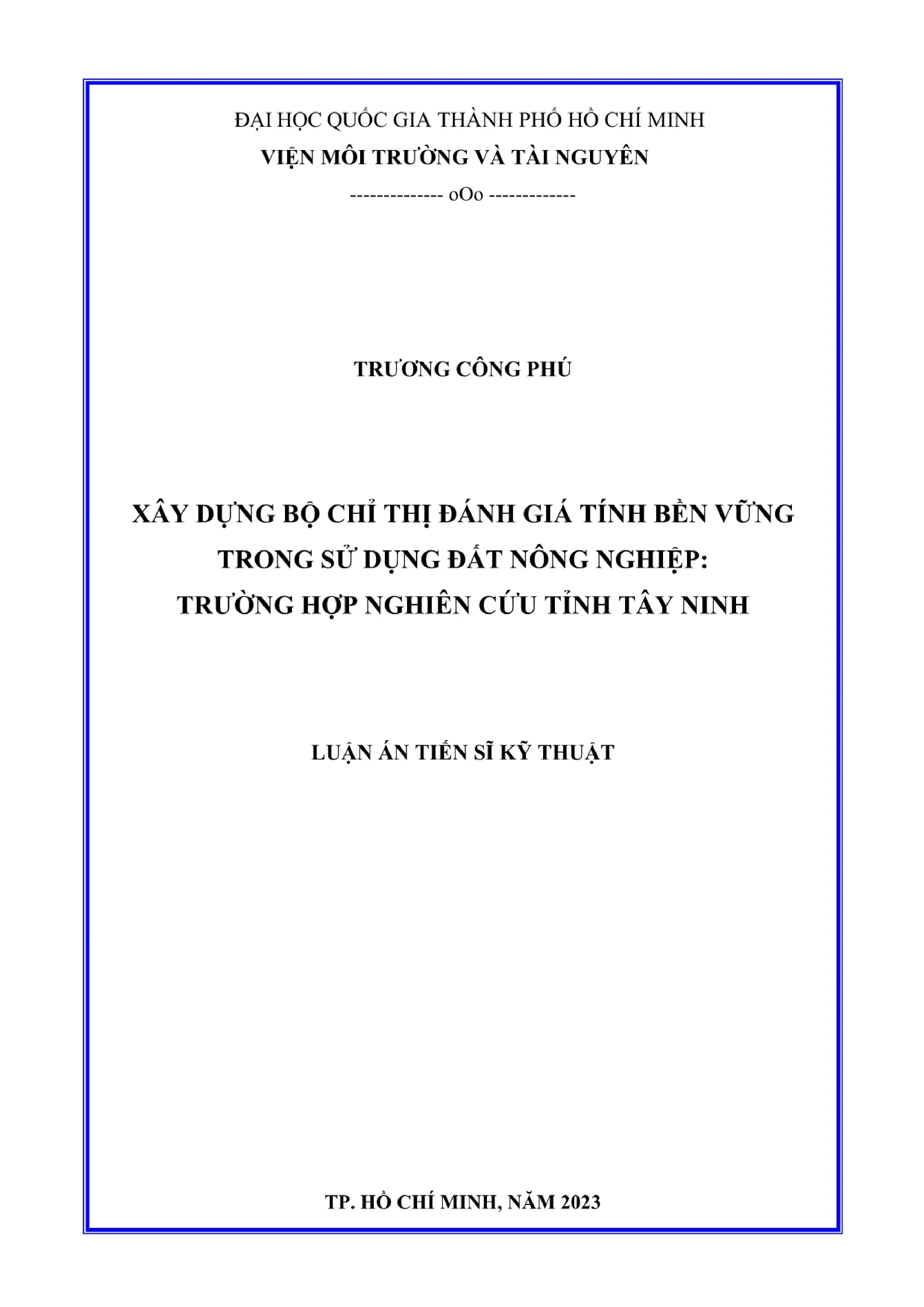 Đánh giá tính bền vững sử dụng đất nông nghiệp Tây Ninh