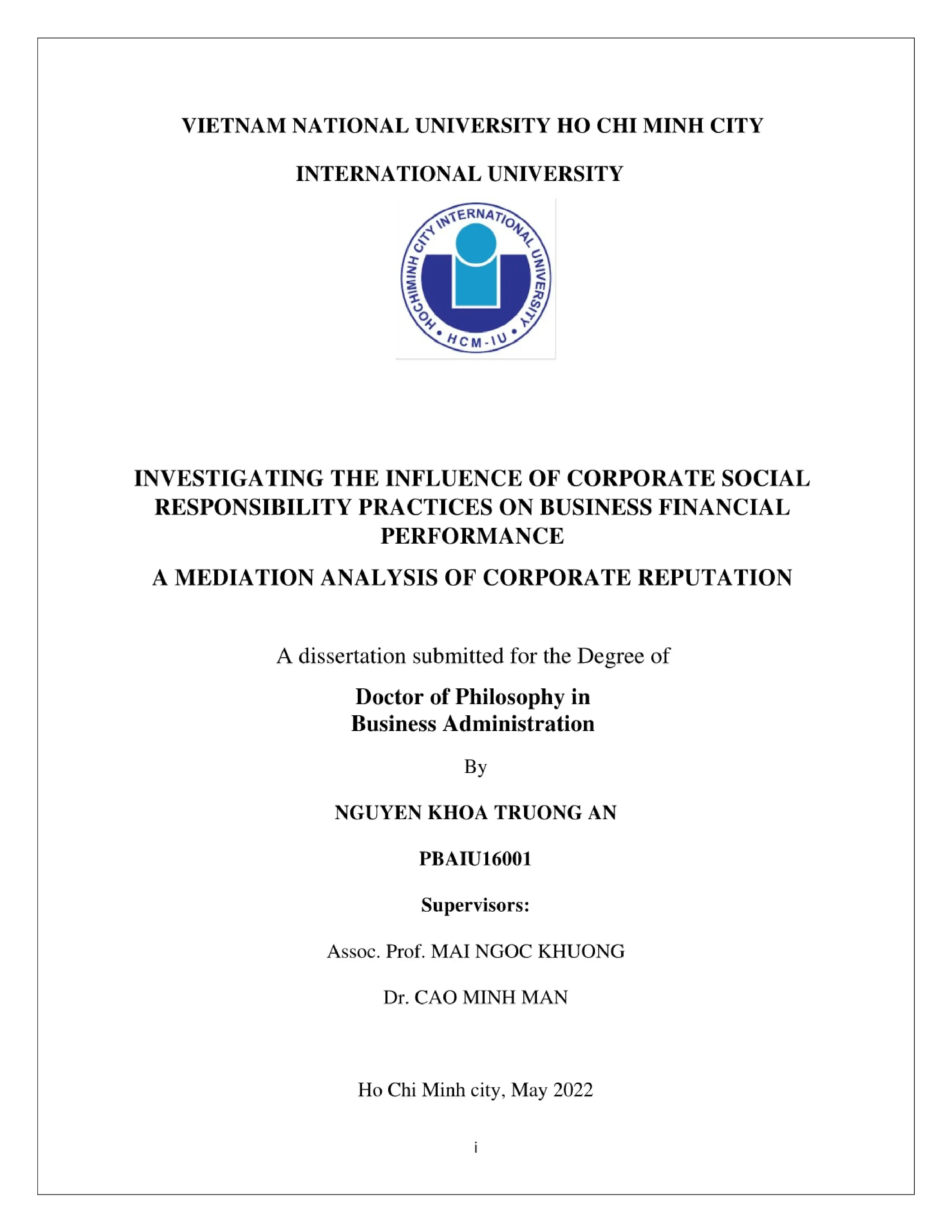 Luận án tiến sĩ Quản trị kinh doanh: Investigating the influence of corporate social responsibility practices on business financial performance: a mediation analysis of corporate reputation