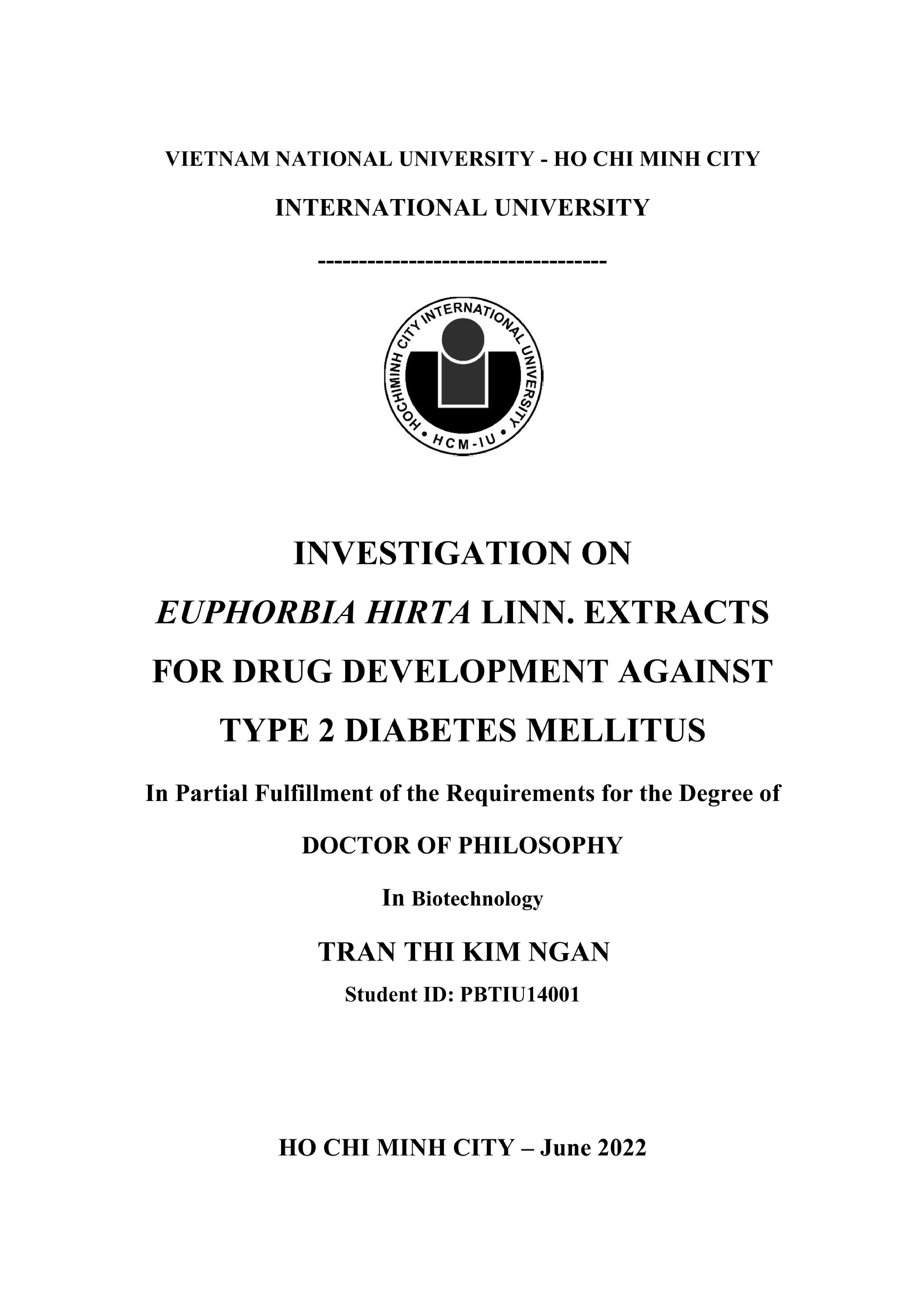 Luận án tiến sĩ: Investigation on Euphorbia hirta Linn. extracts for drug development against type 2 diabetes mellitus