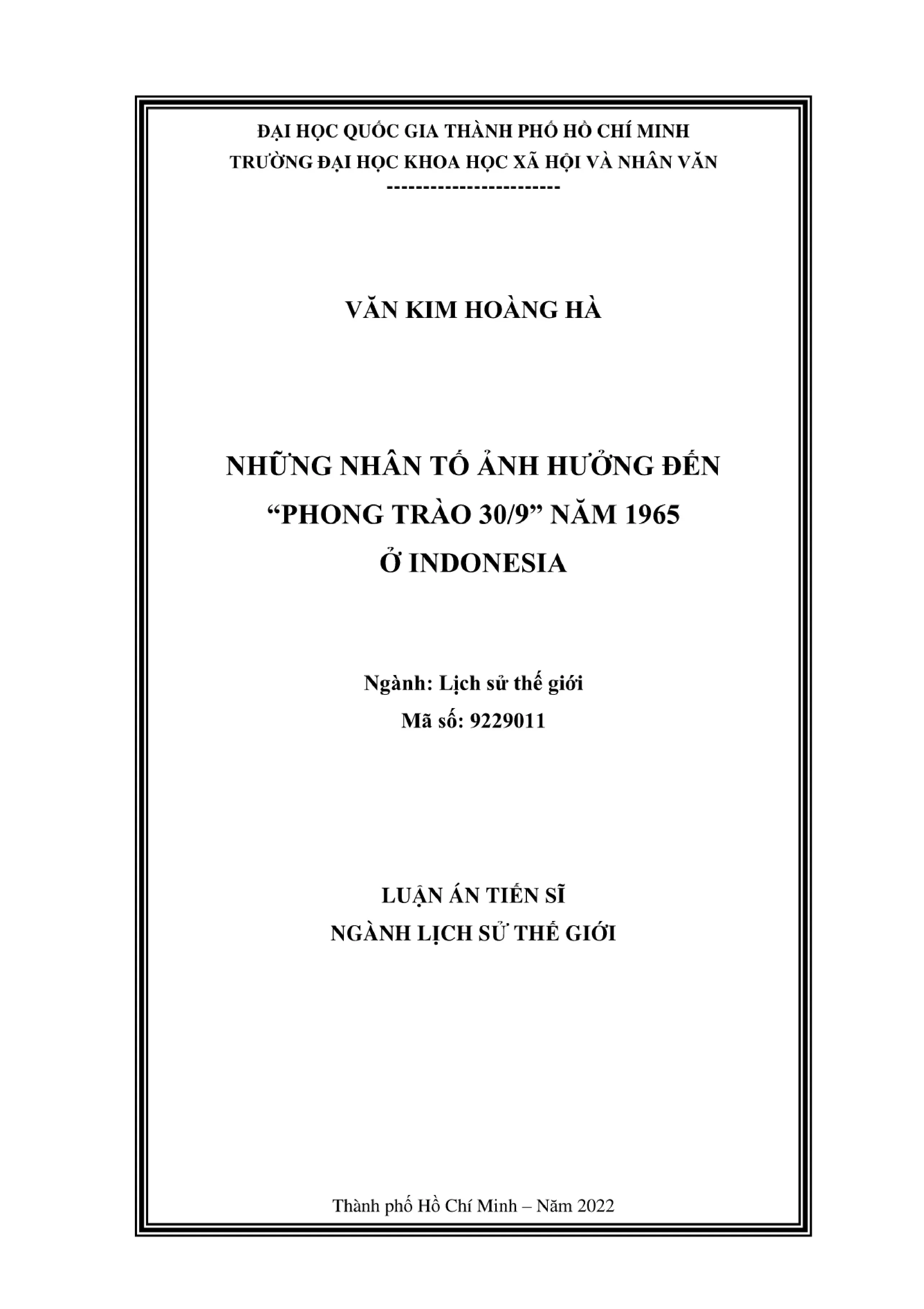 Luận án tiến sĩ Lịch sử thế giới: Những nhân tố ảnh hưởng đến “phong trào 30