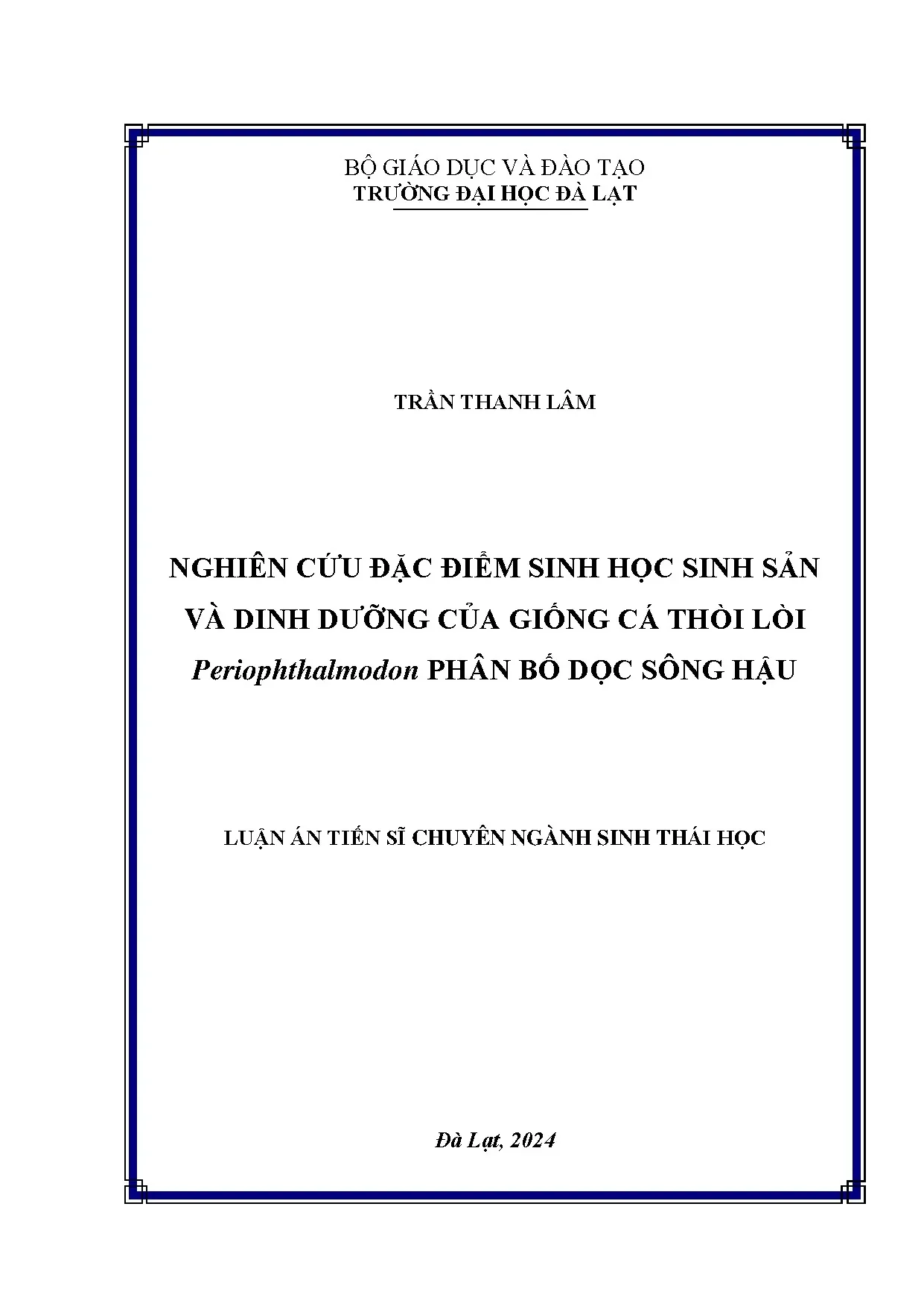 Sinh sản và dinh dưỡng cá thòi lòi Periophthalmodon sông Hậu