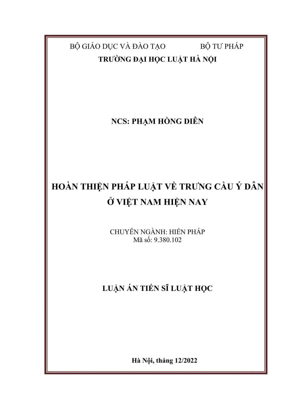 Luận án tiến sĩ Luật học: Hoàn thiện pháp luật về trưng cầu ý dân ở Việt Nam hiện nay