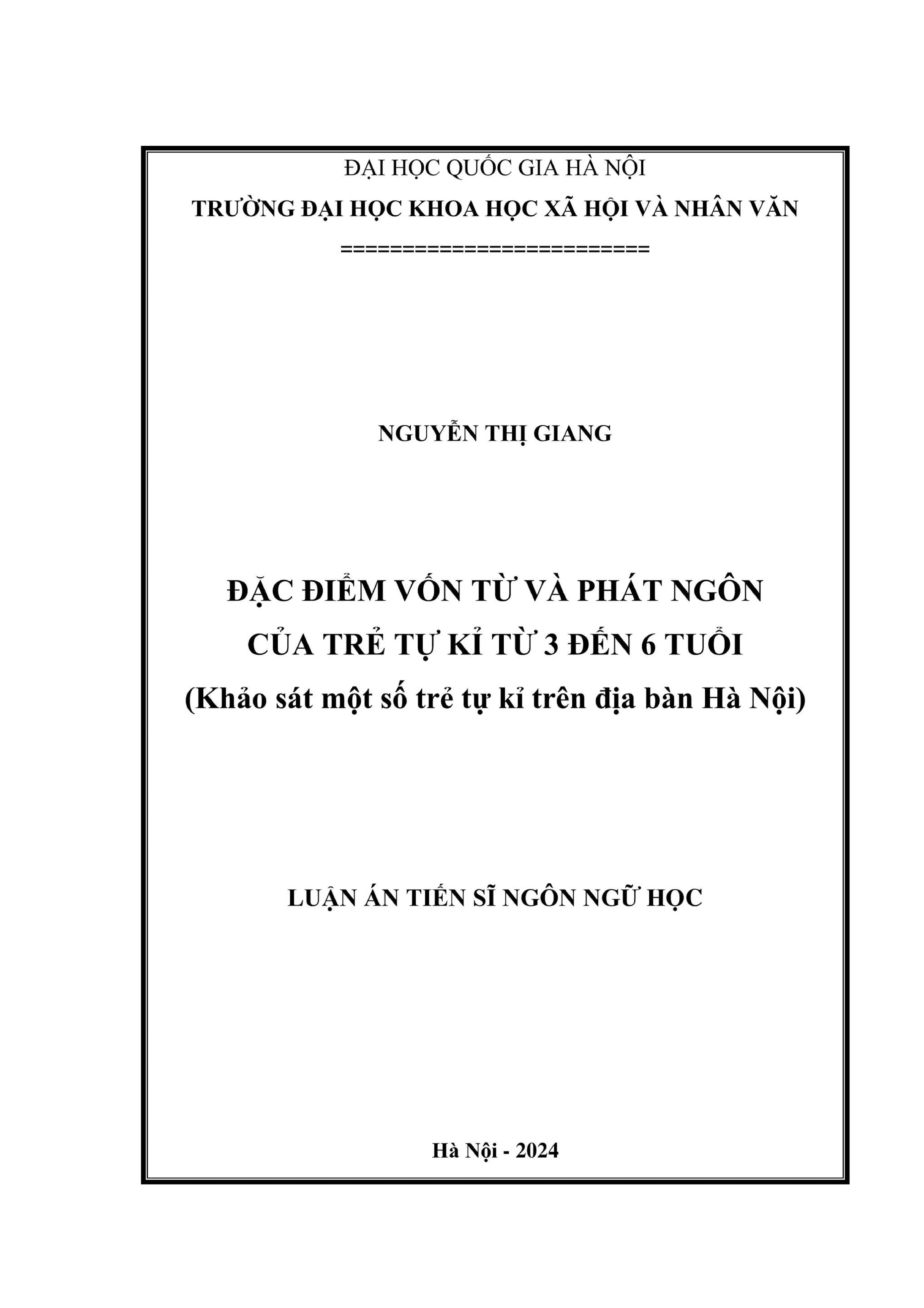 Vốn từ và phát ngôn trẻ tự kỉ 3-6 tuổi Hà Nội