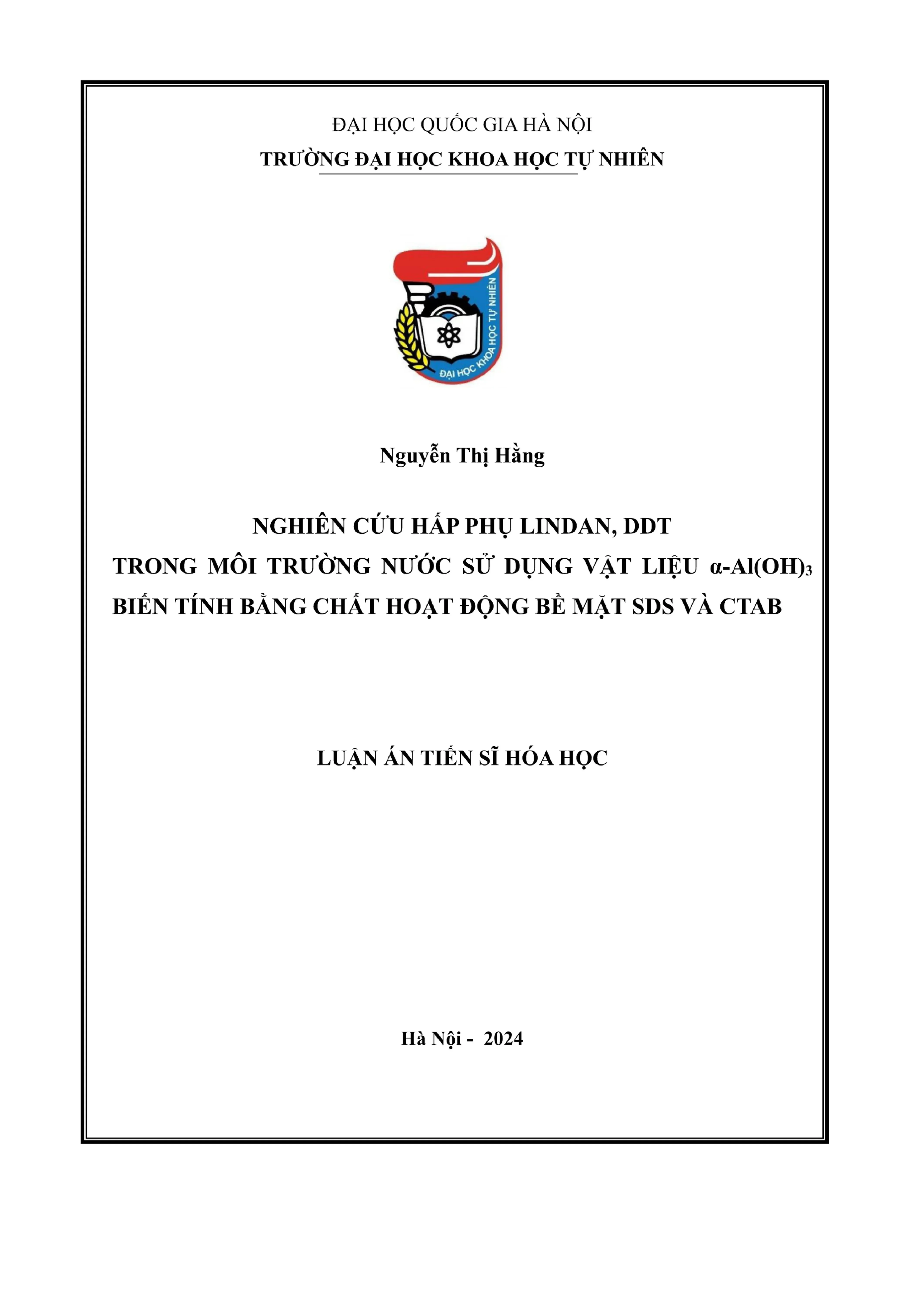 Hấp phụ Lindan DDT bằng α-Al(OH)₃ biến tính SDS CTAB