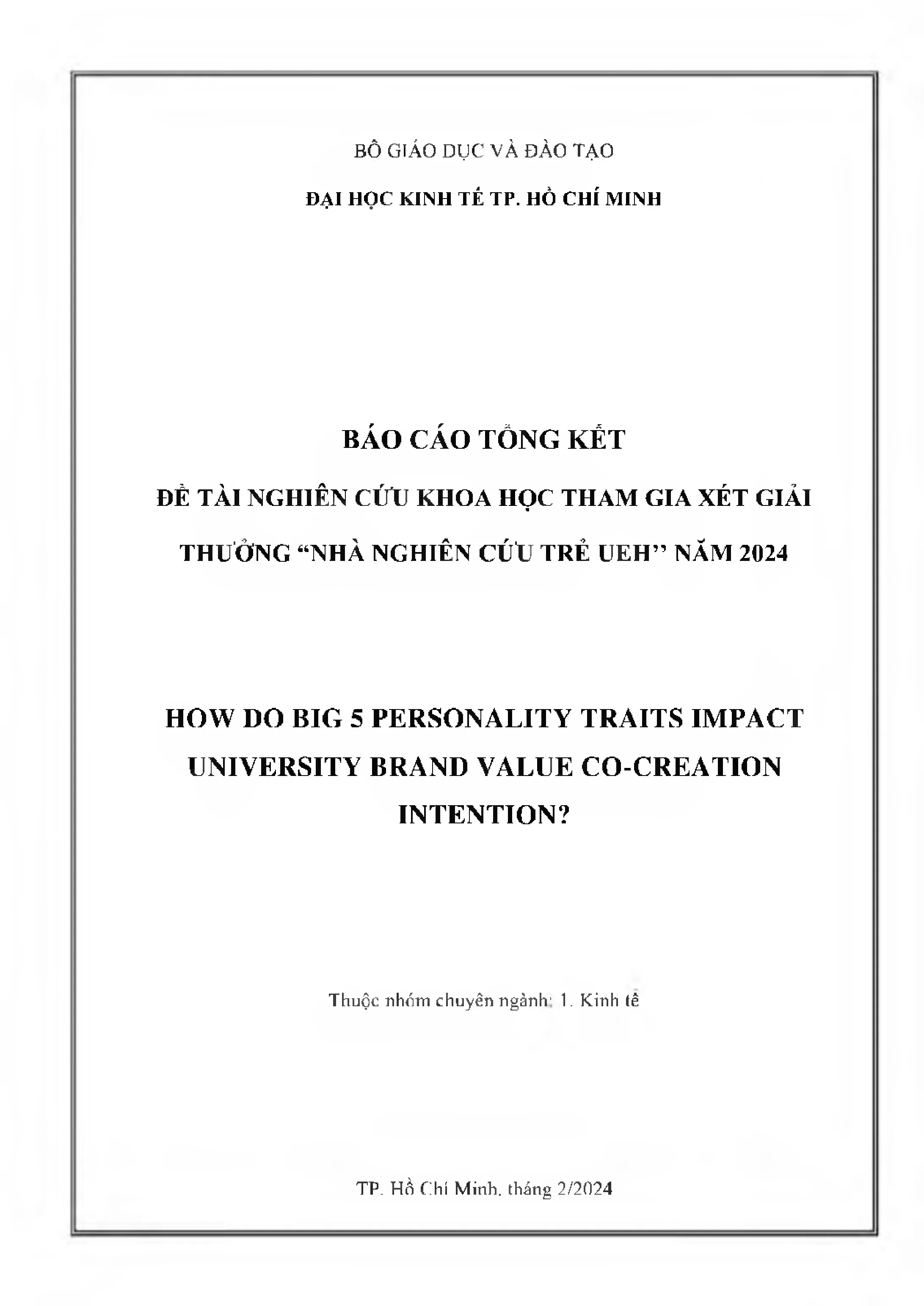 Big 5 Personality Traits và Ý định đồng sáng tạo giá trị thương hiệu đại học
