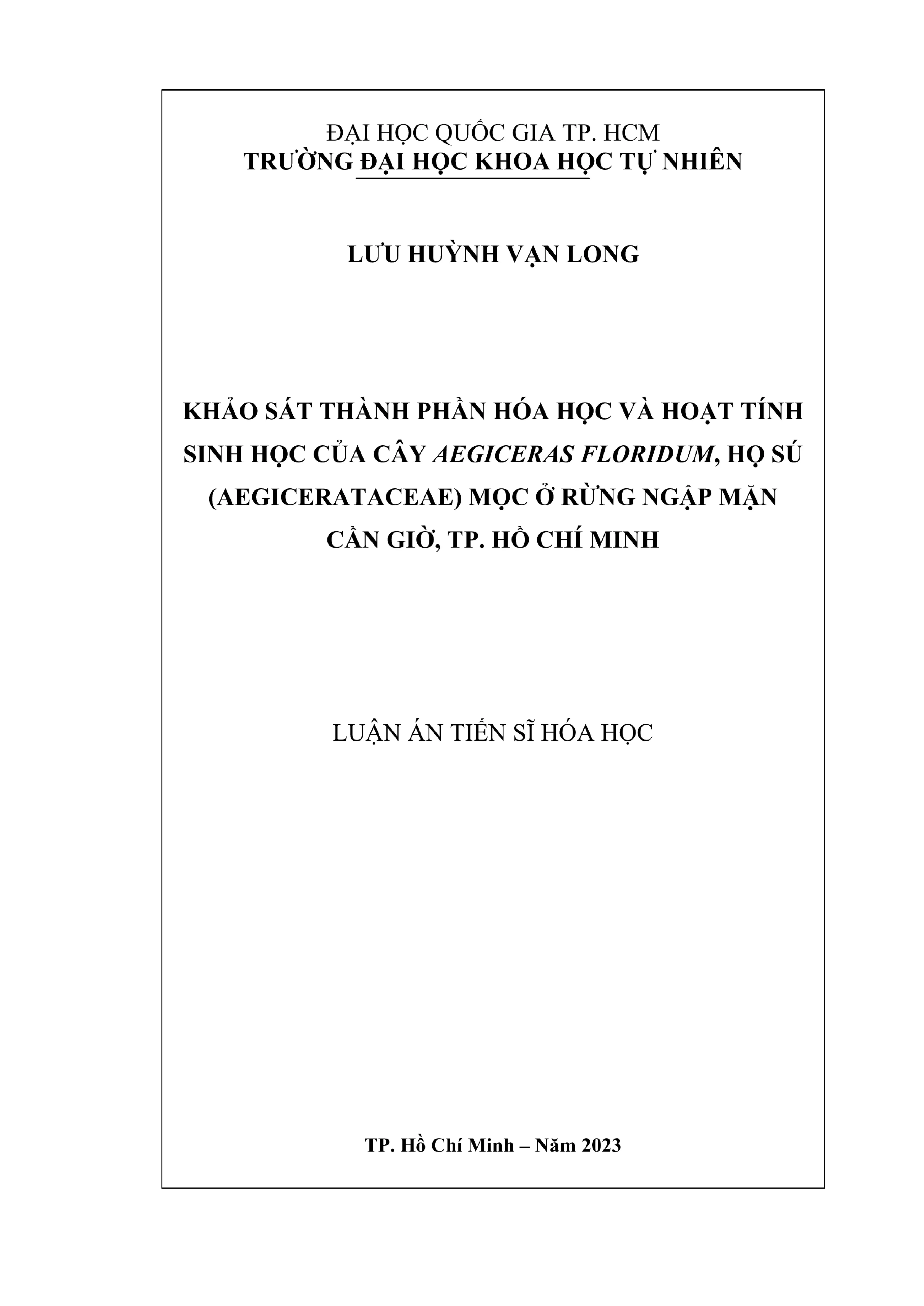 Khảo sát hóa học & sinh học cây Aegiceras floridum rừng Cần Giờ