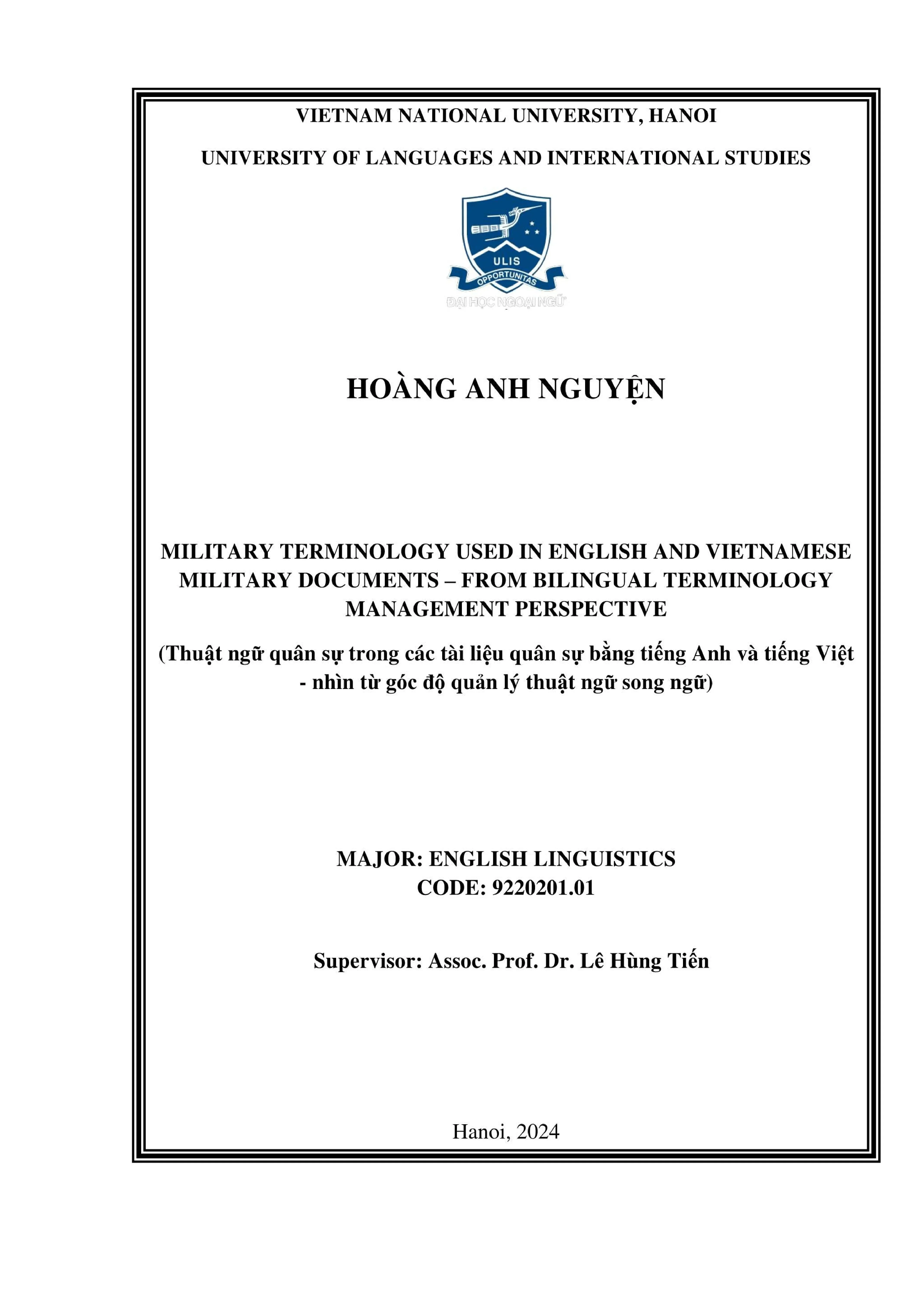 Quản lý thuật ngữ quân sự Anh-Việt: Từ góc độ song ngữ