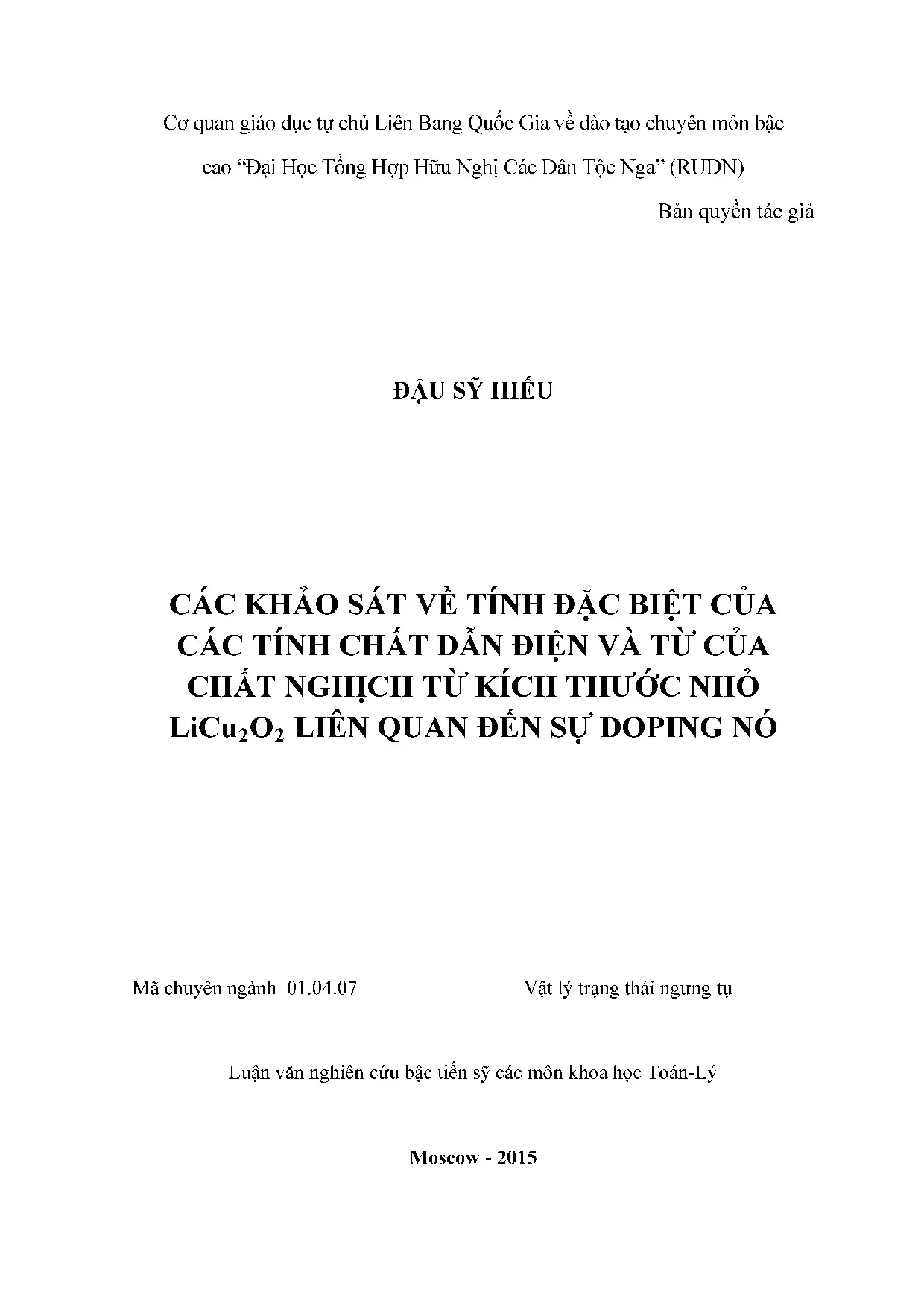 Tính chất điện từ LiCu2O2: Khảo sát ảnh hưởng doping