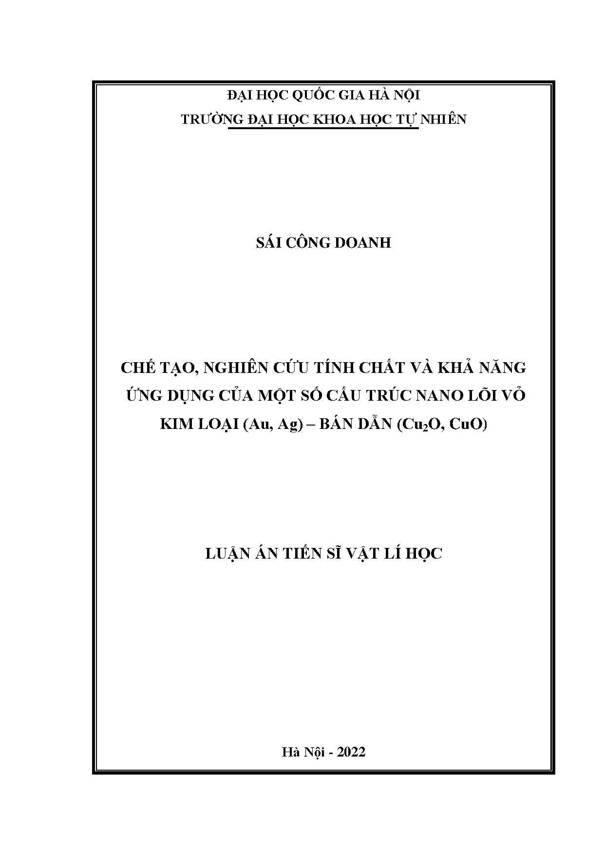 Cấu trúc nano lõi vỏ Au, Ag – Cu2O, CuO: Chế tạo và ứng dụng
