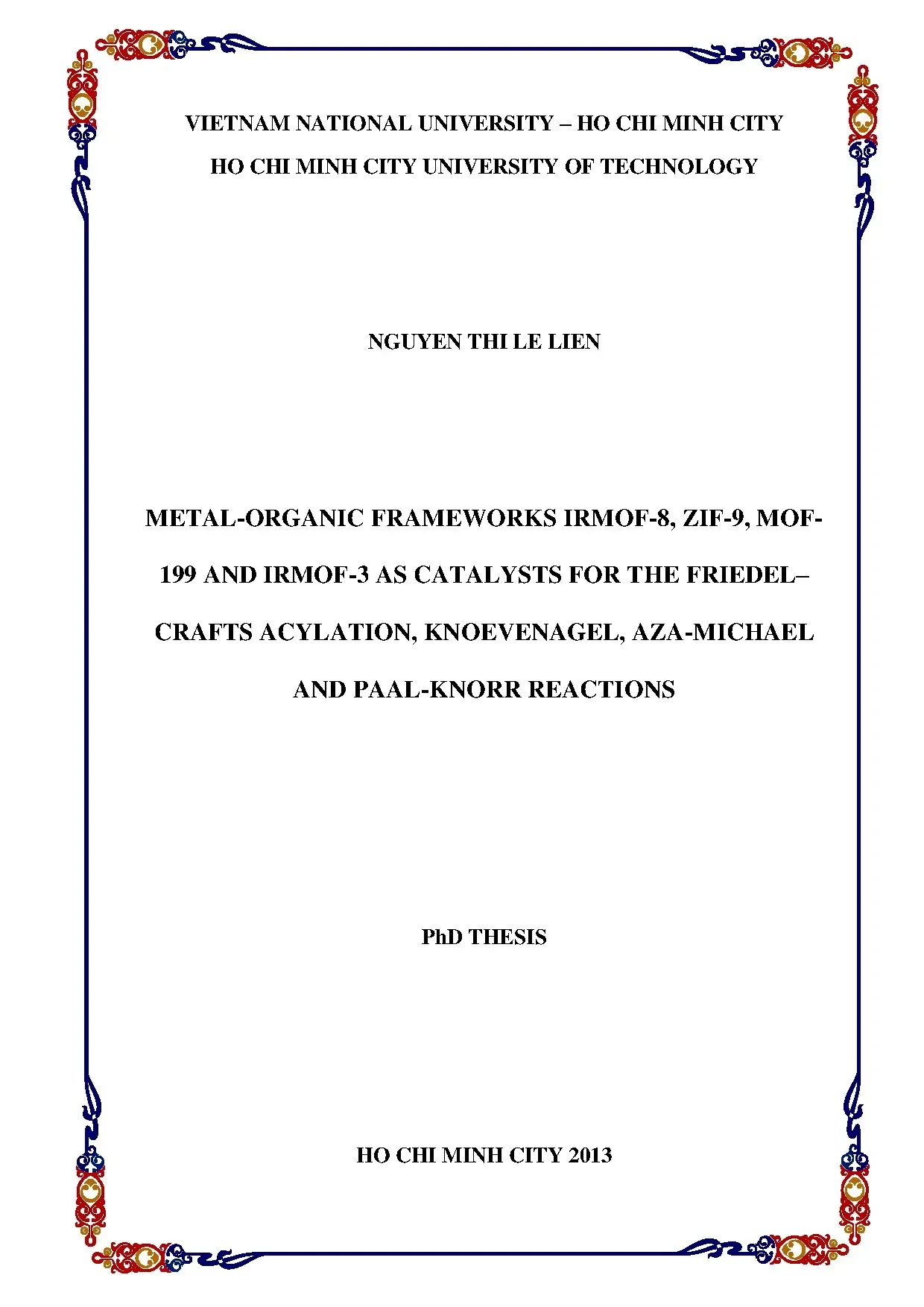 MOF IRMOF, ZIF, MOF-199 làm xúc tác phản ứng hữu cơ