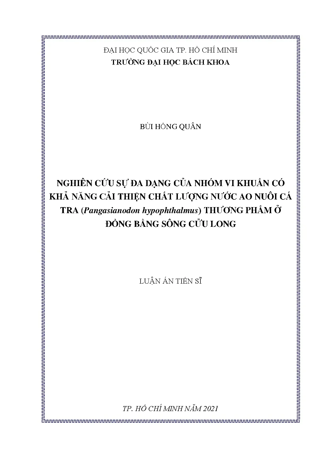 Vi khuẩn cải thiện chất lượng nước ao nuôi cá tra ĐBSCL