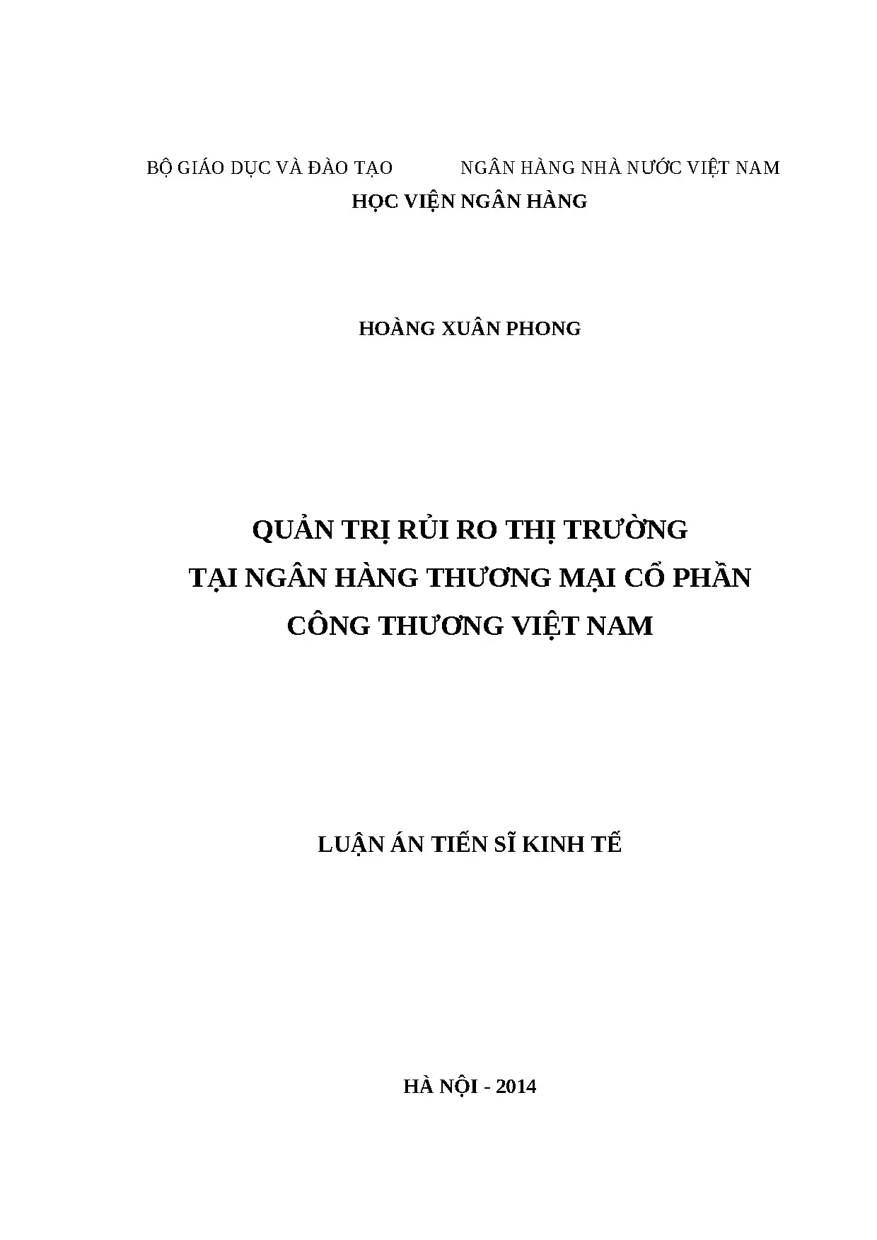 Luận án tiến sĩ kinh tế quản trị rủi ro thị trường tại ng