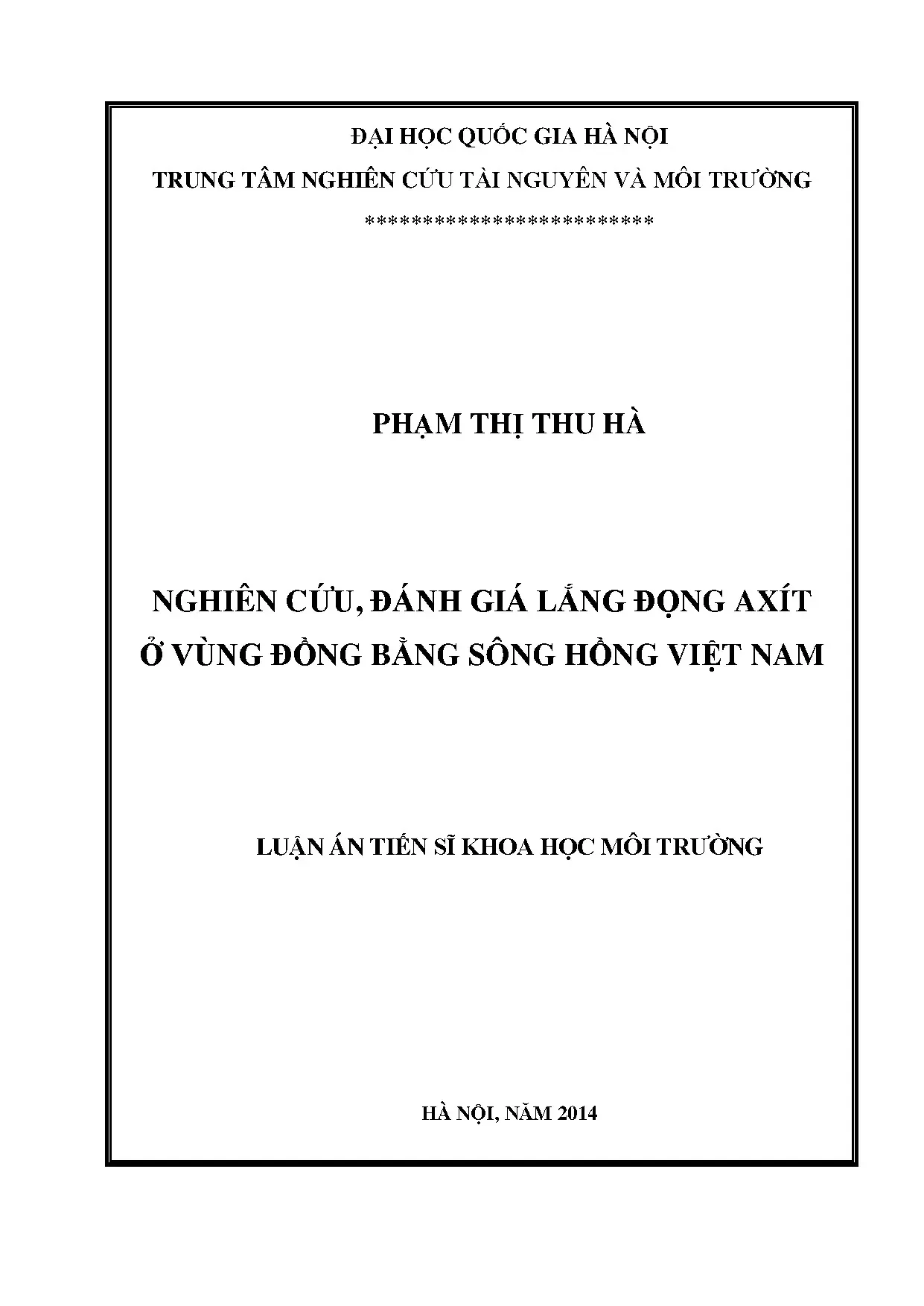 Đánh giá lắng đọng axit vùng ĐBSH Việt Nam: Luận án TS Môi trường