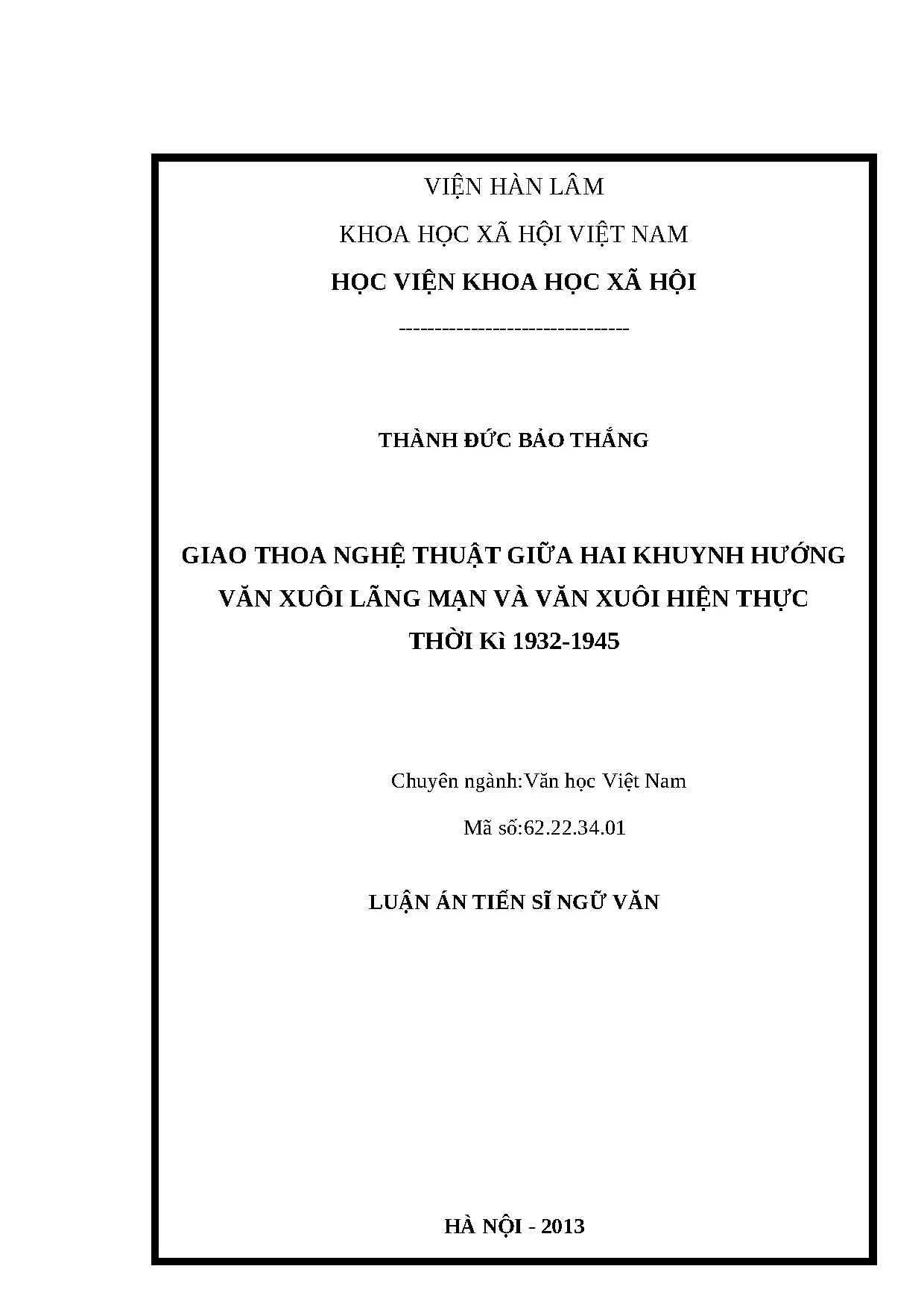 Giao thoa văn xuôi lãng mạn & hiện thực 1932-1945: Luận án