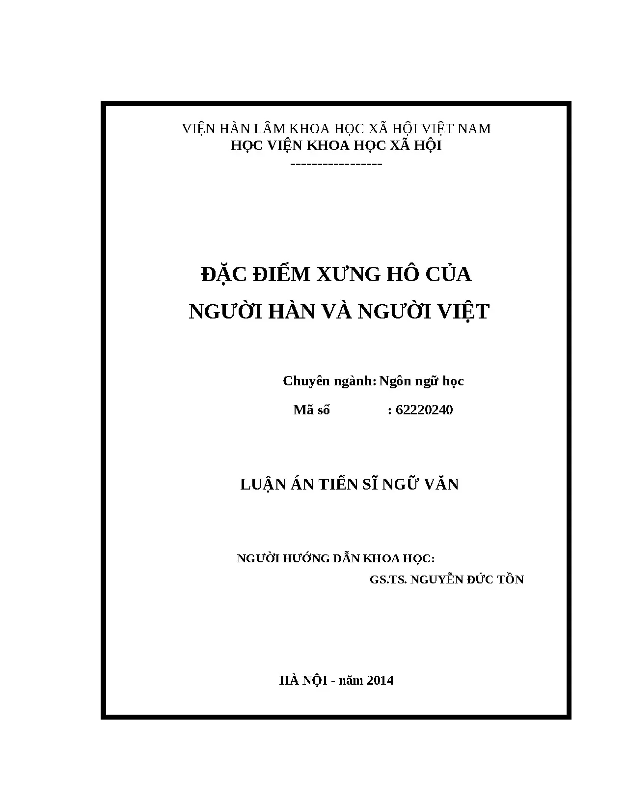 Đặc điểm xưng hô người Hàn và người Việt: Luận án Tiến sĩ