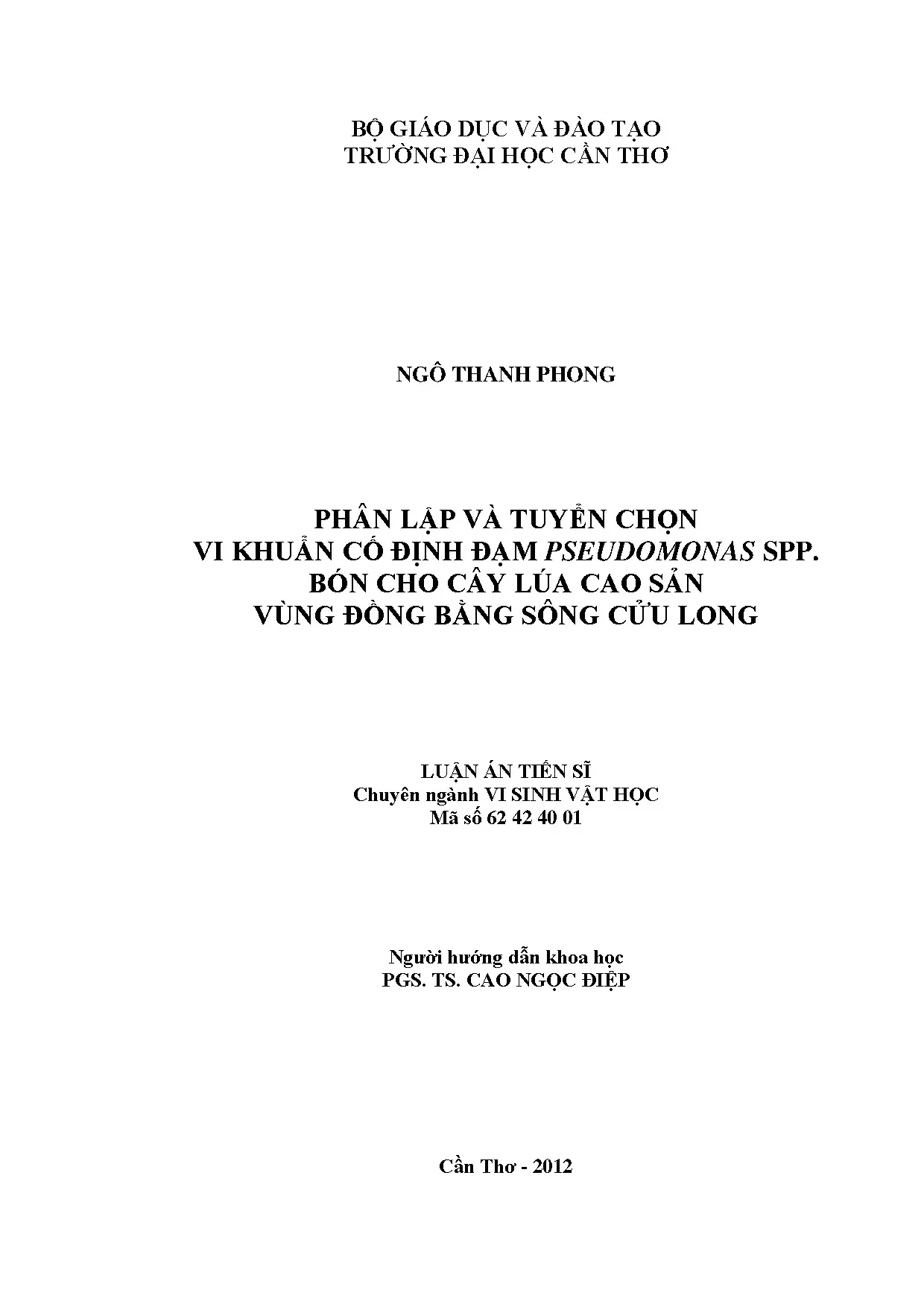 Tuyển chọn Pseudomonas spp. cố định đạm cho lúa cao sản ĐBSCL