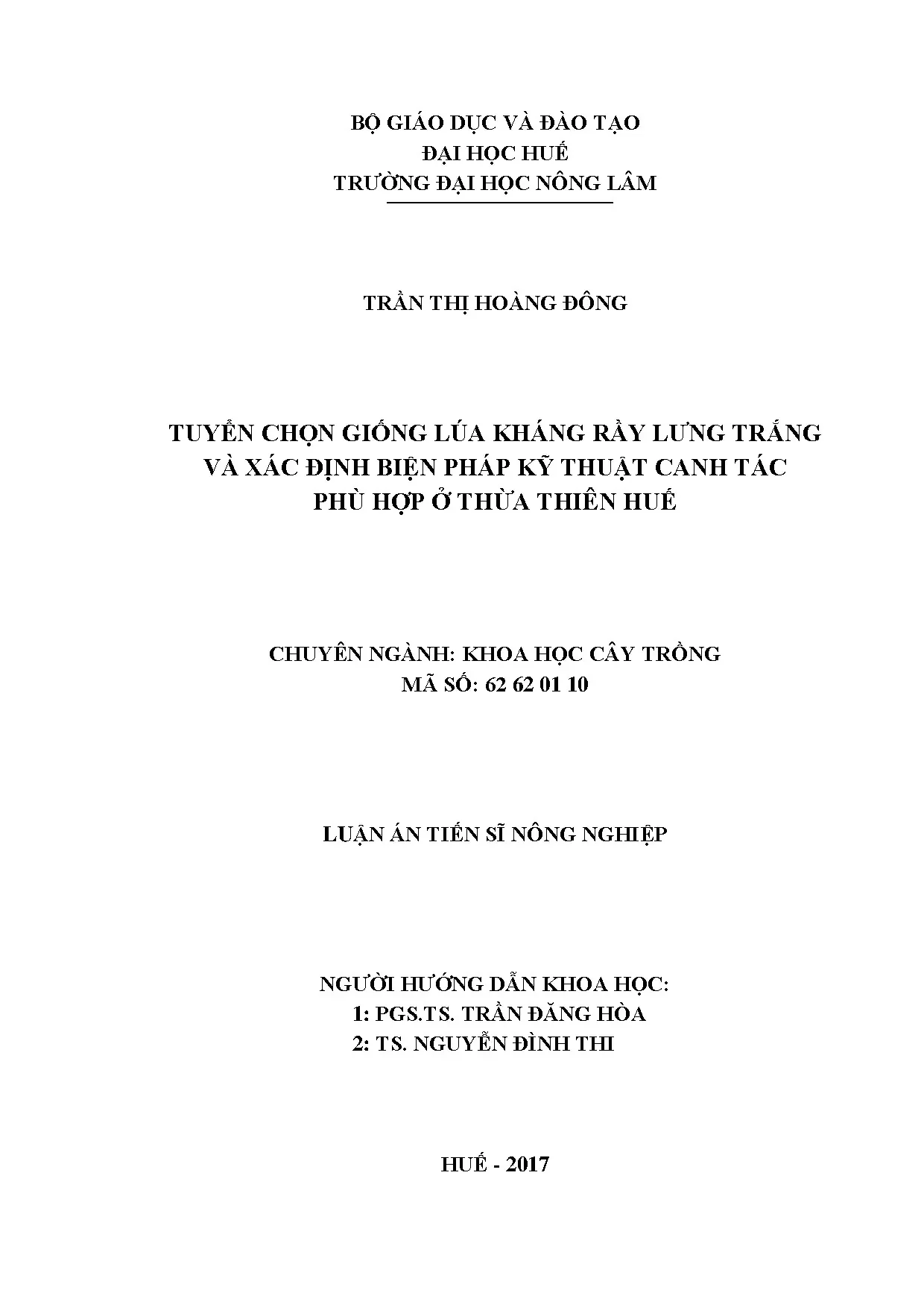 Tuyển chọn giống lúa kháng rầy lưng trắng và xác định các bi