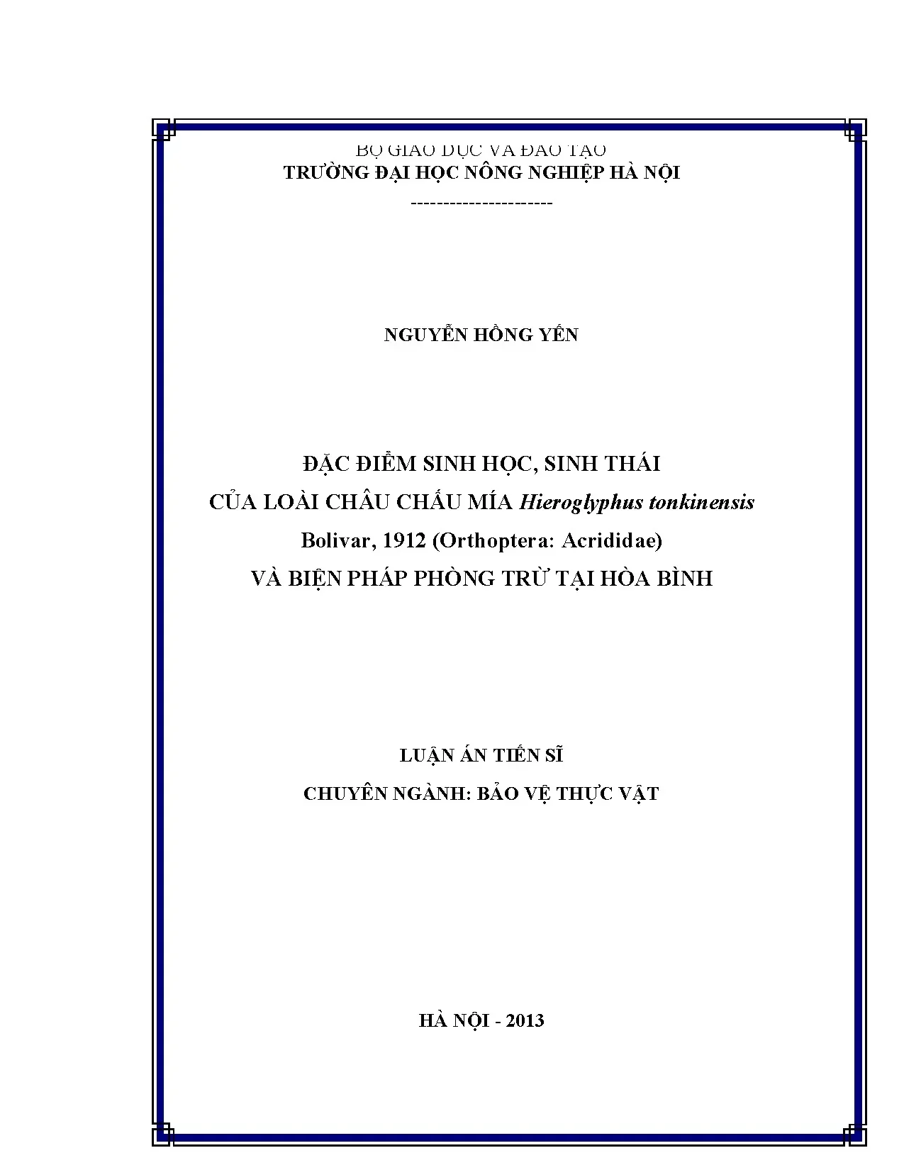 Châu chấu mía H. tonkinensis: Sinh học, sinh thái & phòng trừ tại Hòa Bình