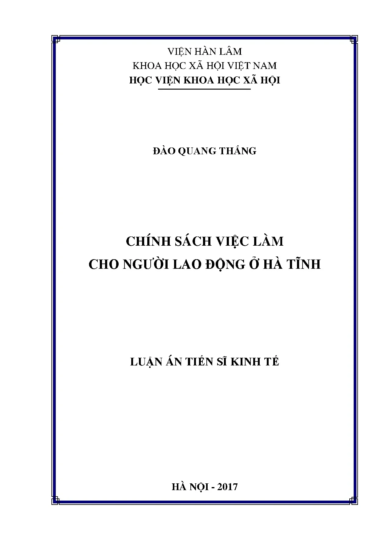 Chính sách việc làm cho người lao động ở hà tĩnh luận án tiế