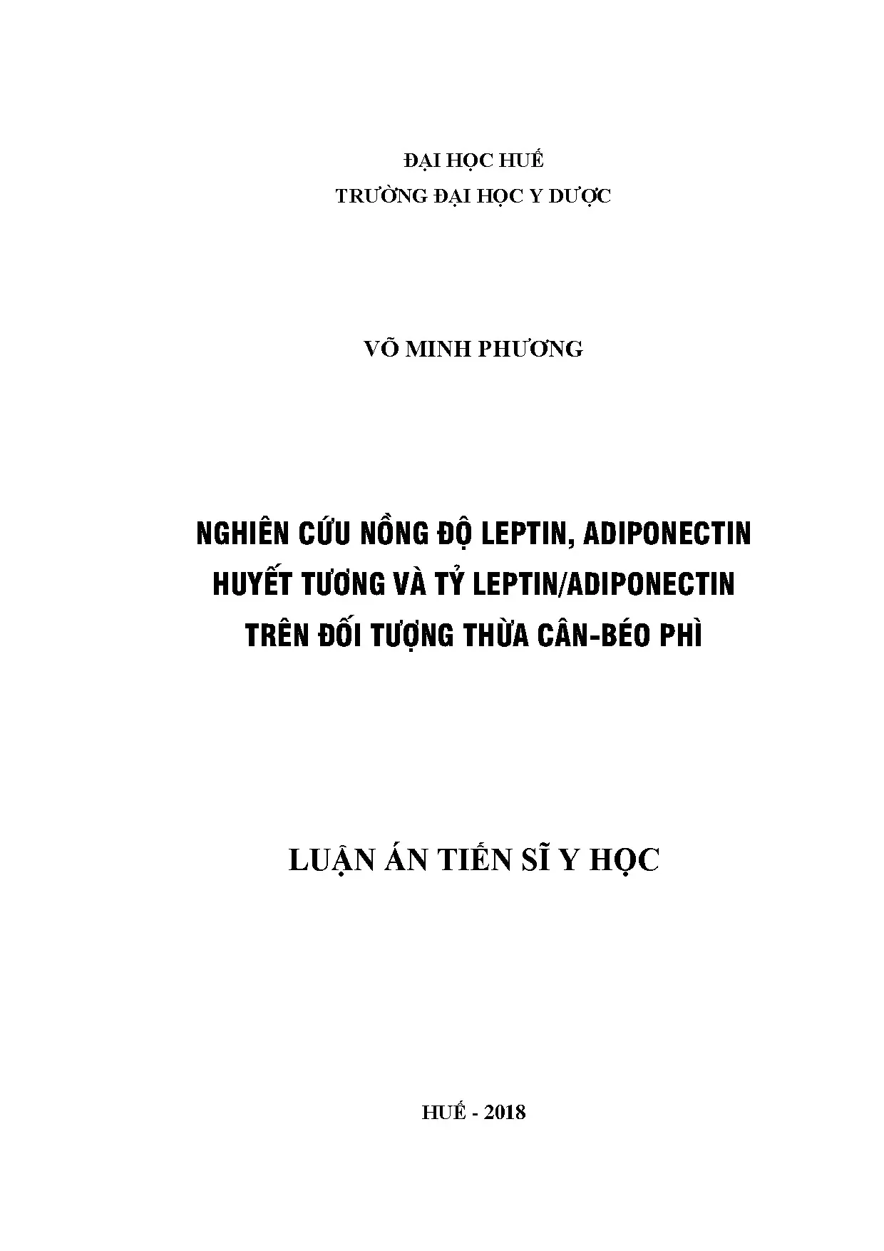 Nồng độ Leptin, Adiponectin & tỷ lệ ở người thừa cân béo phì