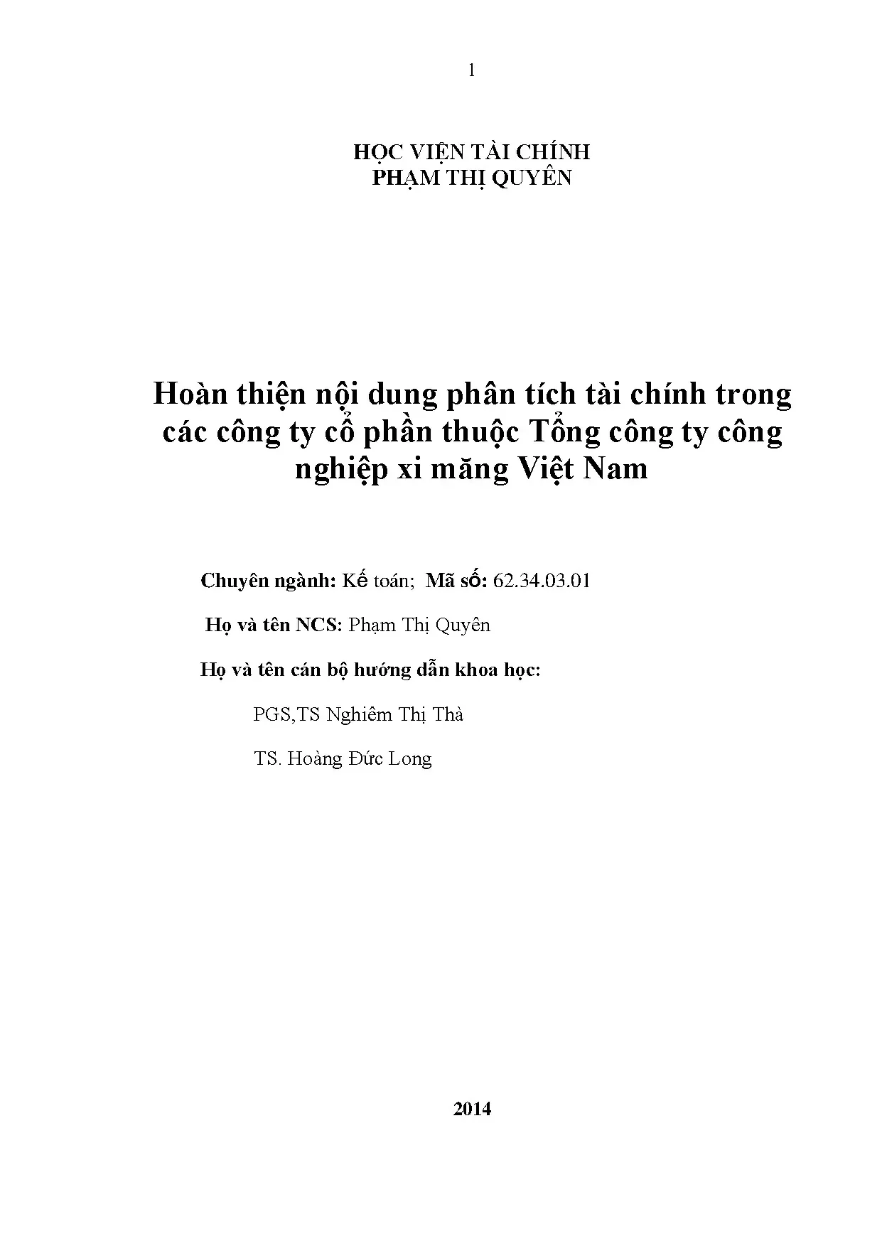 Hoàn thiện phân tích tài chính CTCP Tổng công ty Xi măng Việt Nam