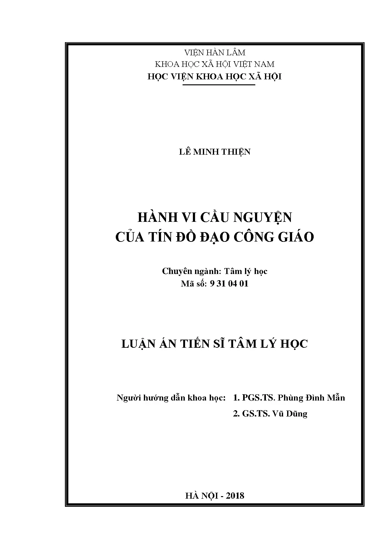 Hành vi cầu nguyện tín đồ Công giáo: Luận án Tiến sĩ Tâm lý học