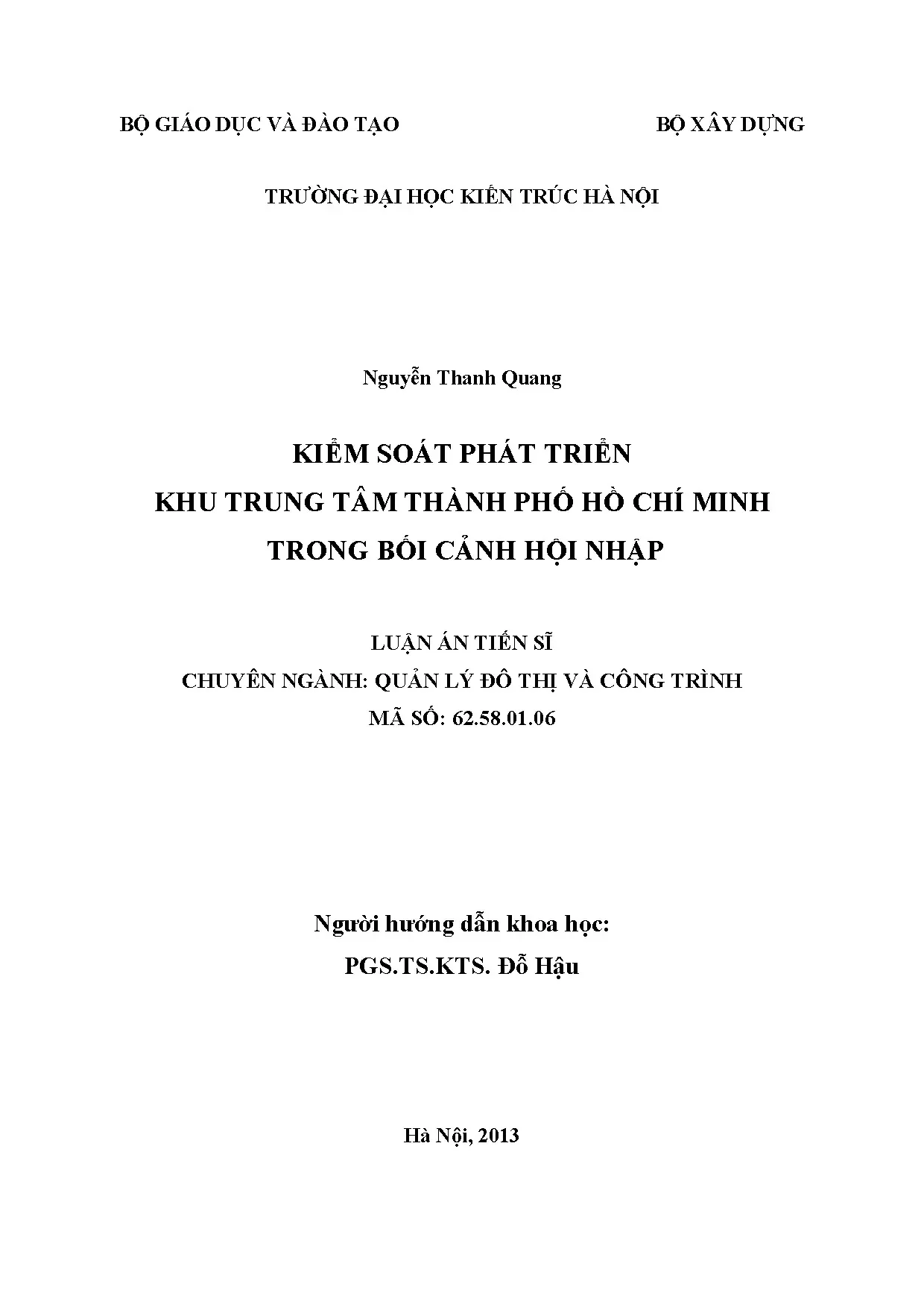 Kiểm soát phát triển khu trung tâm TP.HCM trong bối cảnh hội nhập